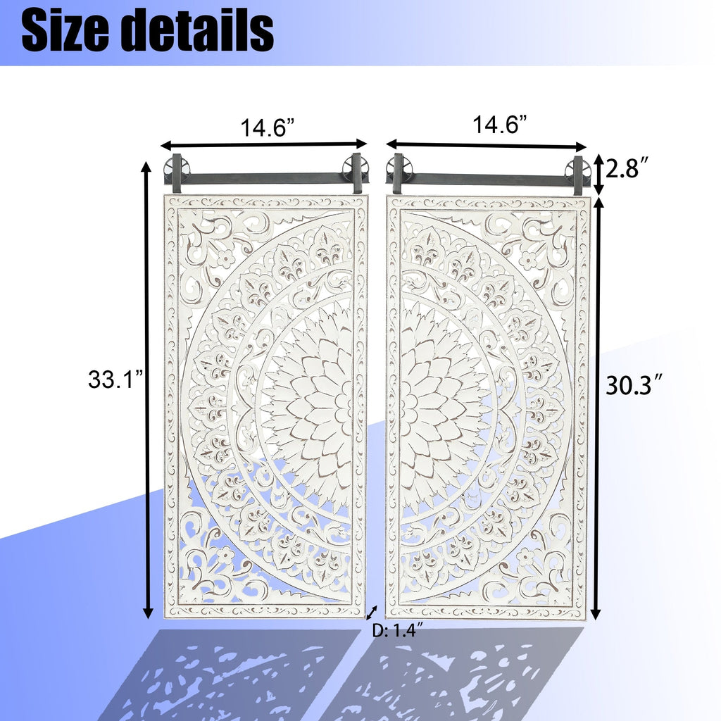 Wanddeko aus elfenbeinweißem Holz mit Blumenmuster und schwarzen Akzenten (2er-Set)