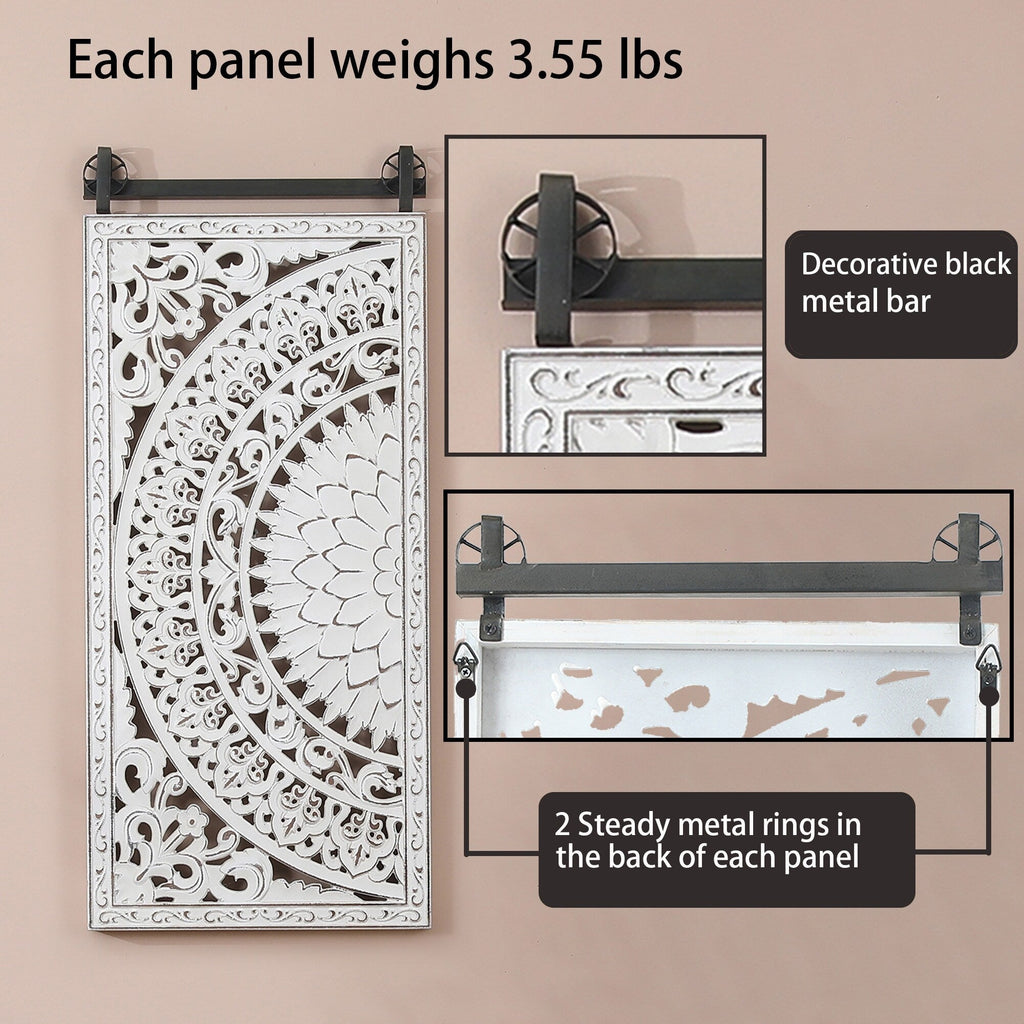 Wanddeko aus elfenbeinweißem Holz mit Blumenmuster und schwarzen Akzenten (2er-Set)