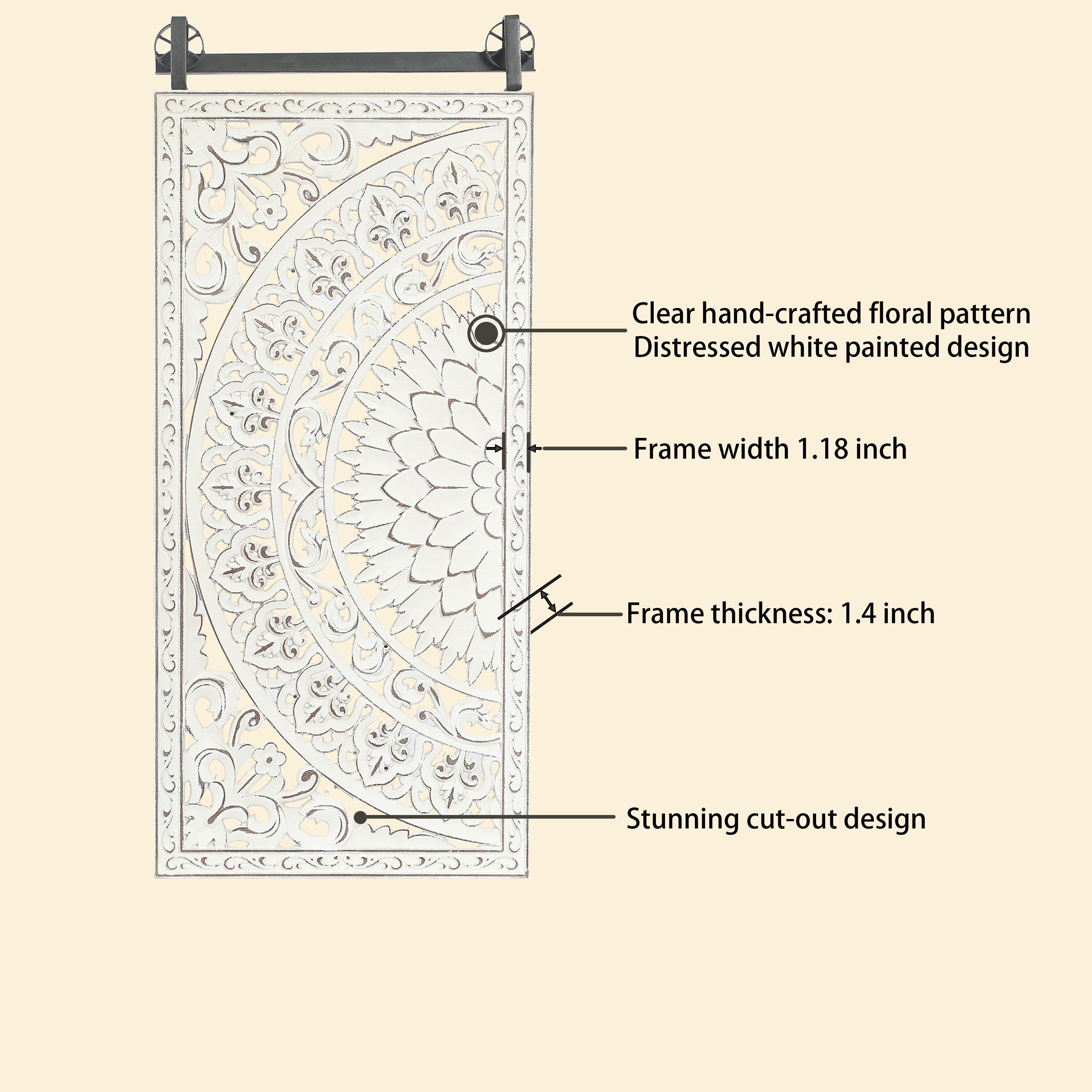 Wanddeko aus elfenbeinweißem Holz mit Blumenmuster und schwarzen Akzenten (2er-Set)