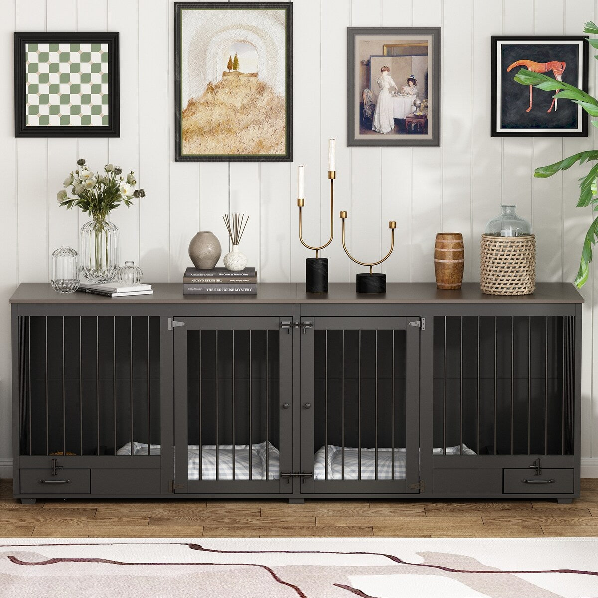 Hundebox-Möbel - Hundezwinger aus Holz mit Raumteiler und 2 Schubladen