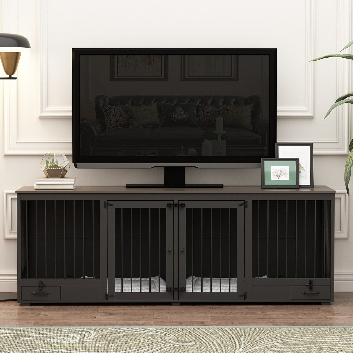 Hundebox-Möbel - Hundezwinger aus Holz mit Raumteiler und 2 Schubladen