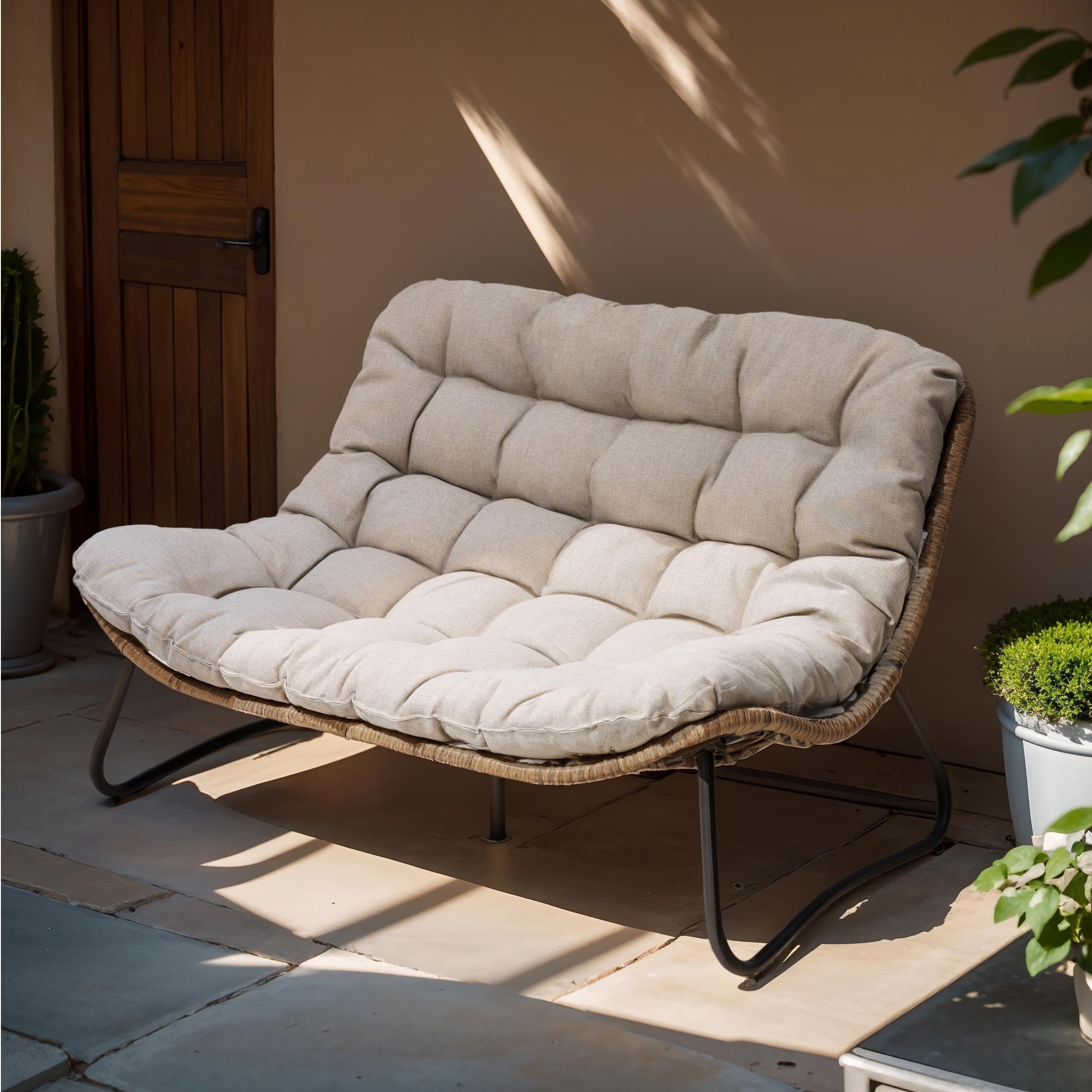 Doppel-Papasan-Sessel mit Kissen, wetterfestem PE-Rattan und Metallrahmen für den Innen- und Außenbereich