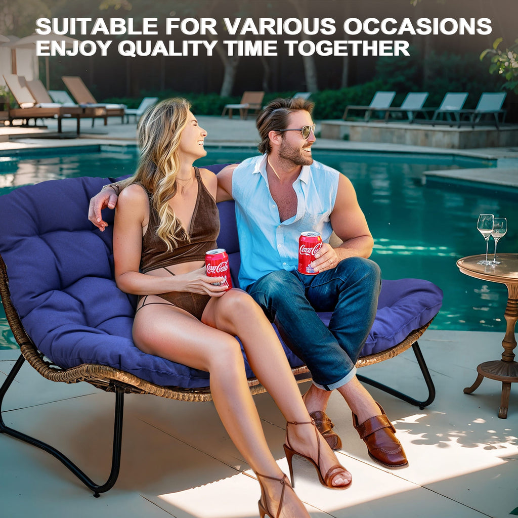 Doppel-Papasan-Sessel mit Kissen, wetterfestem PE-Rattan und Metallrahmen für den Innen- und Außenbereich