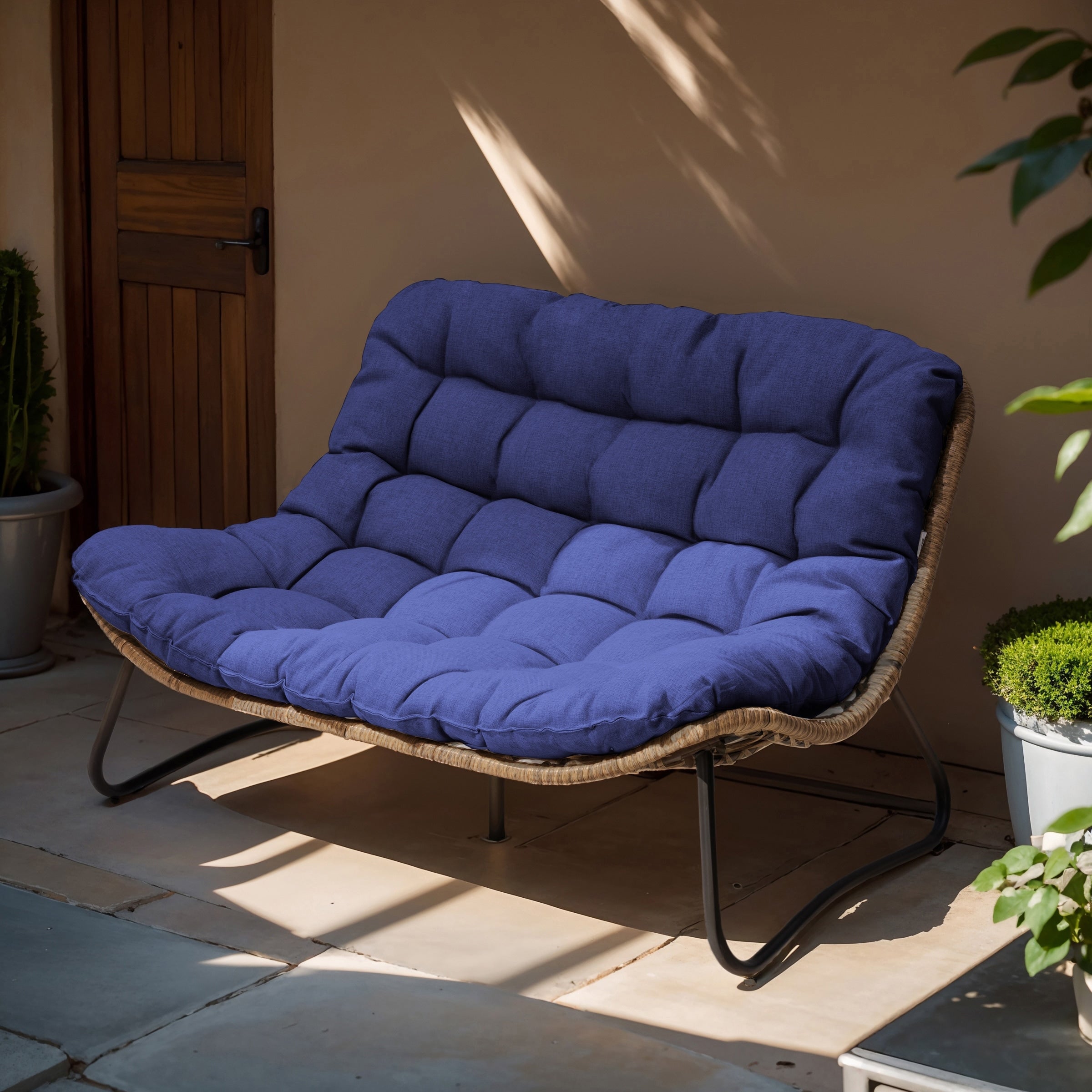 Doppel-Papasan-Sessel mit Kissen, wetterfestem PE-Rattan und Metallrahmen für den Innen- und Außenbereich
