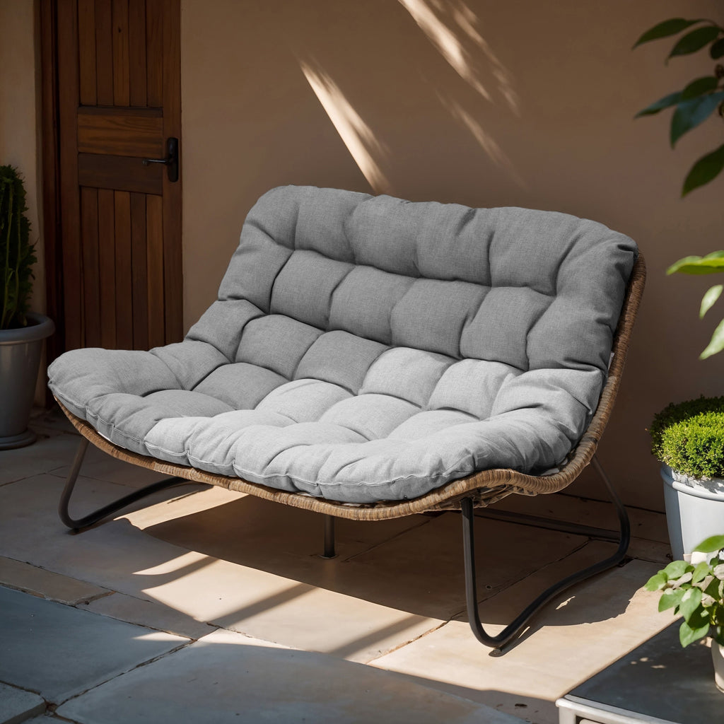 Doppel-Papasan-Sessel mit Kissen, wetterfestem PE-Rattan und Metallrahmen für den Innen- und Außenbereich