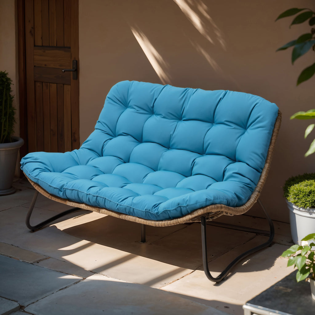 Doppel-Papasan-Sessel mit Kissen, wetterfestem PE-Rattan und Metallrahmen für den Innen- und Außenbereich