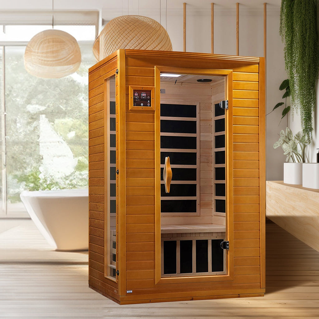Dynamic Saunas Andora 2-Personen-Infrarotsauna mit niedrigem EMF-Wert, kanadisches Hemlockholz
