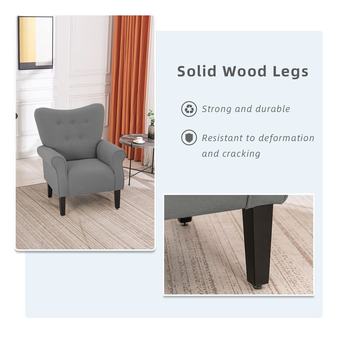 Erommy Moderner Akzentstuhl, Hochlehner-Sessel, gepolstertes Stoffsofa mit Knöpfen und Holzbeinen für das Wohnzimmer