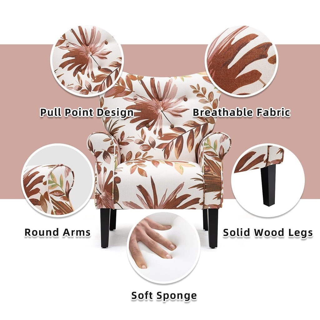 Erommy Moderner Akzentstuhl, Hochlehner-Sessel, gepolstertes Stoffsofa mit Knöpfen und Holzbeinen für das Wohnzimmer