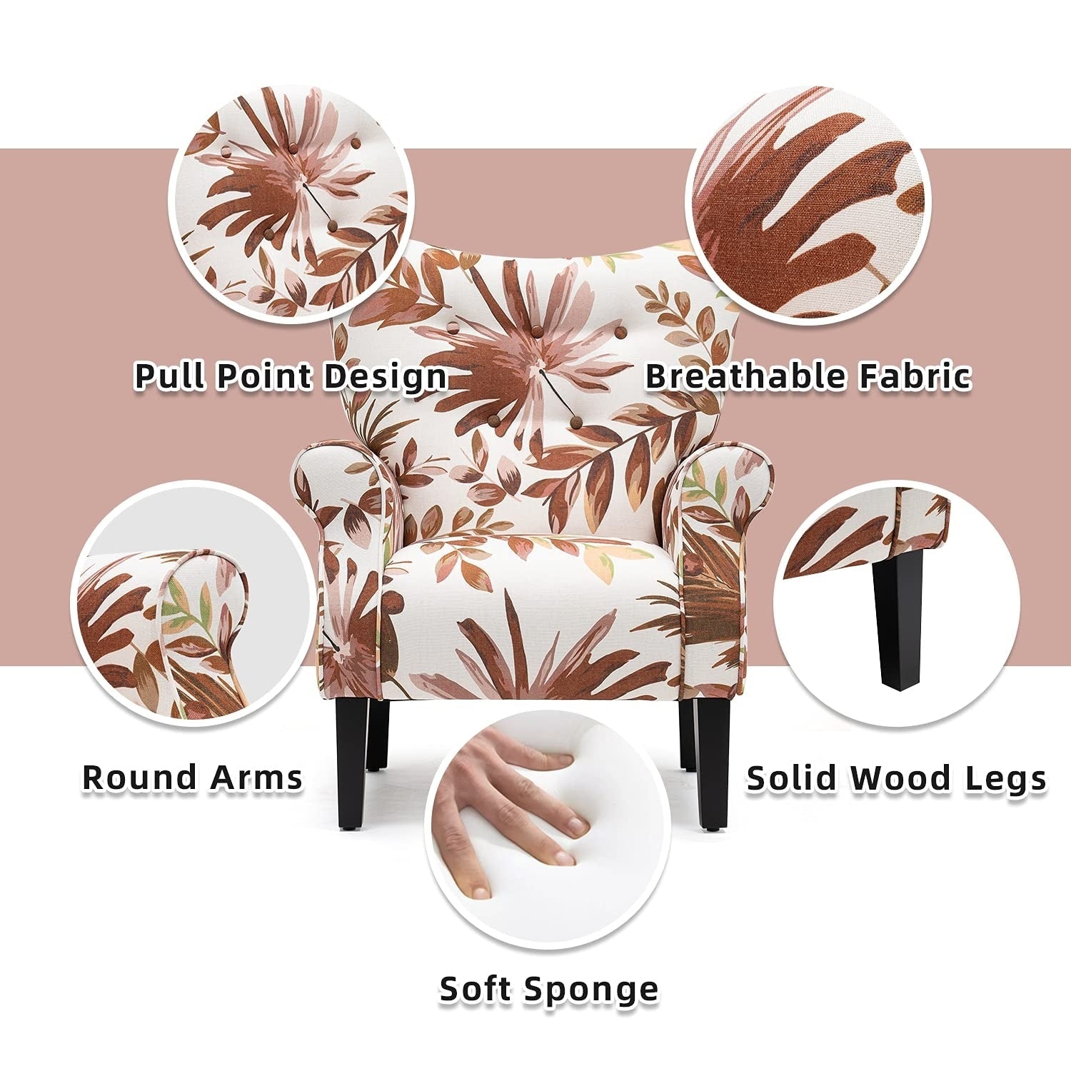 Erommy Moderner Akzentstuhl, Hochlehner-Sessel, gepolstertes Stoffsofa mit Knöpfen und Holzbeinen für das Wohnzimmer