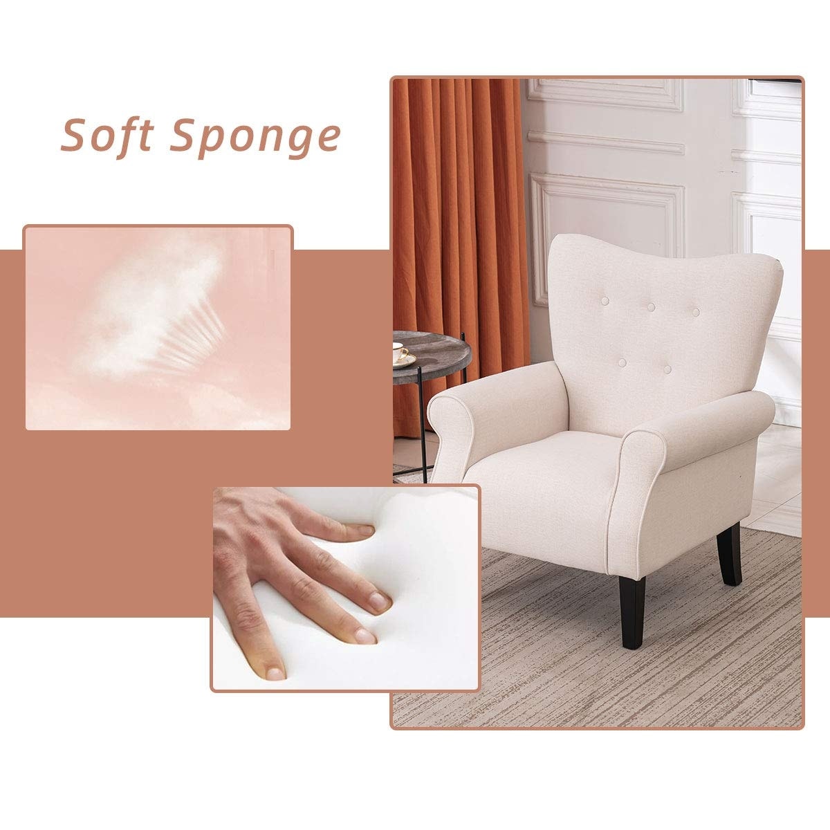 Erommy Moderner Akzentstuhl, Hochlehner-Sessel, gepolstertes Stoffsofa mit Knöpfen und Holzbeinen für das Wohnzimmer