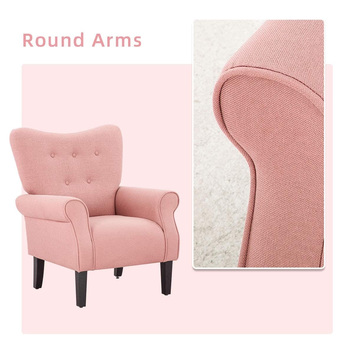 Erommy Moderner Akzentstuhl, Hochlehner-Sessel, gepolstertes Stoffsofa mit Knöpfen und Holzbeinen für das Wohnzimmer