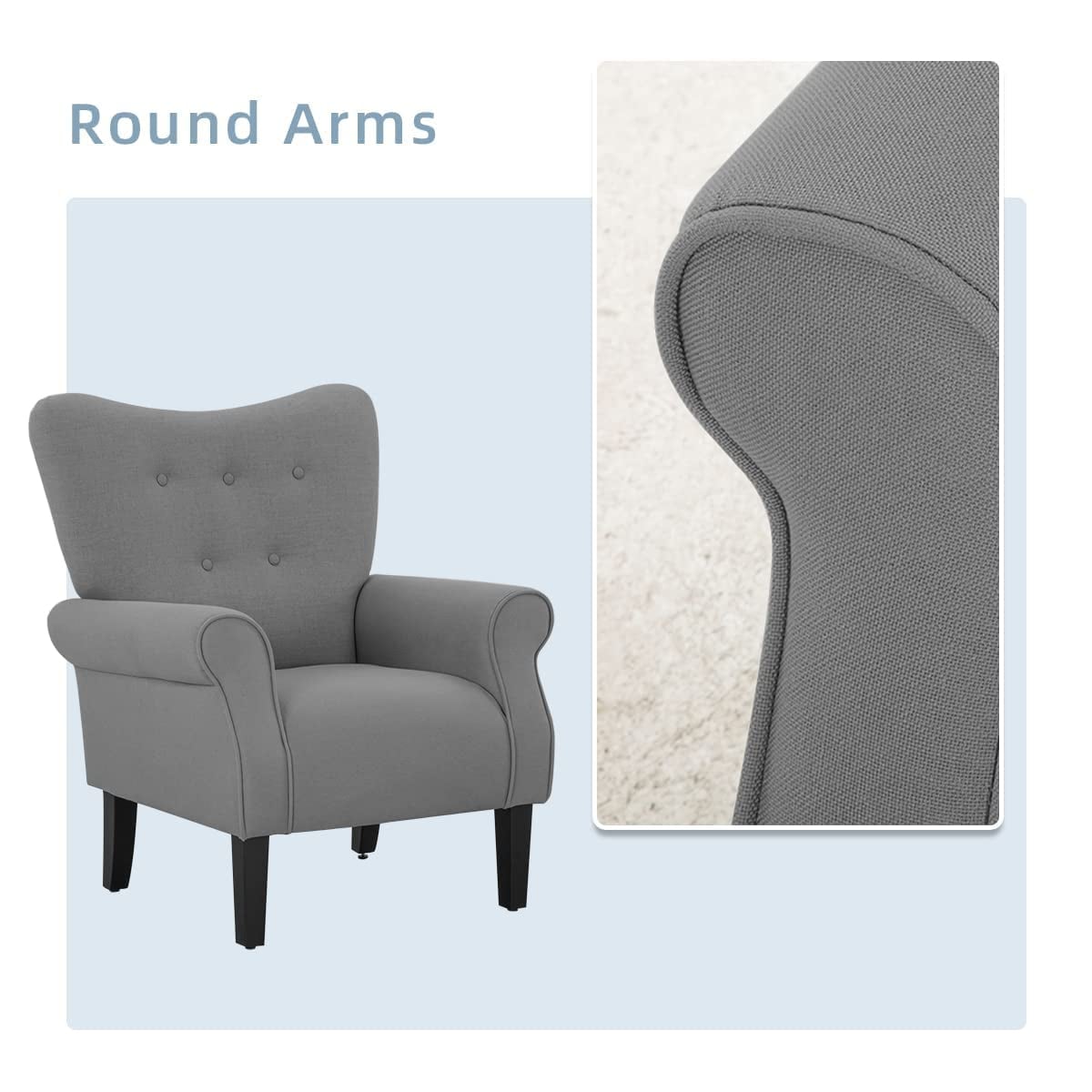 Erommy Moderner Akzentstuhl, Hochlehner-Sessel, gepolstertes Stoffsofa mit Knöpfen und Holzbeinen für das Wohnzimmer