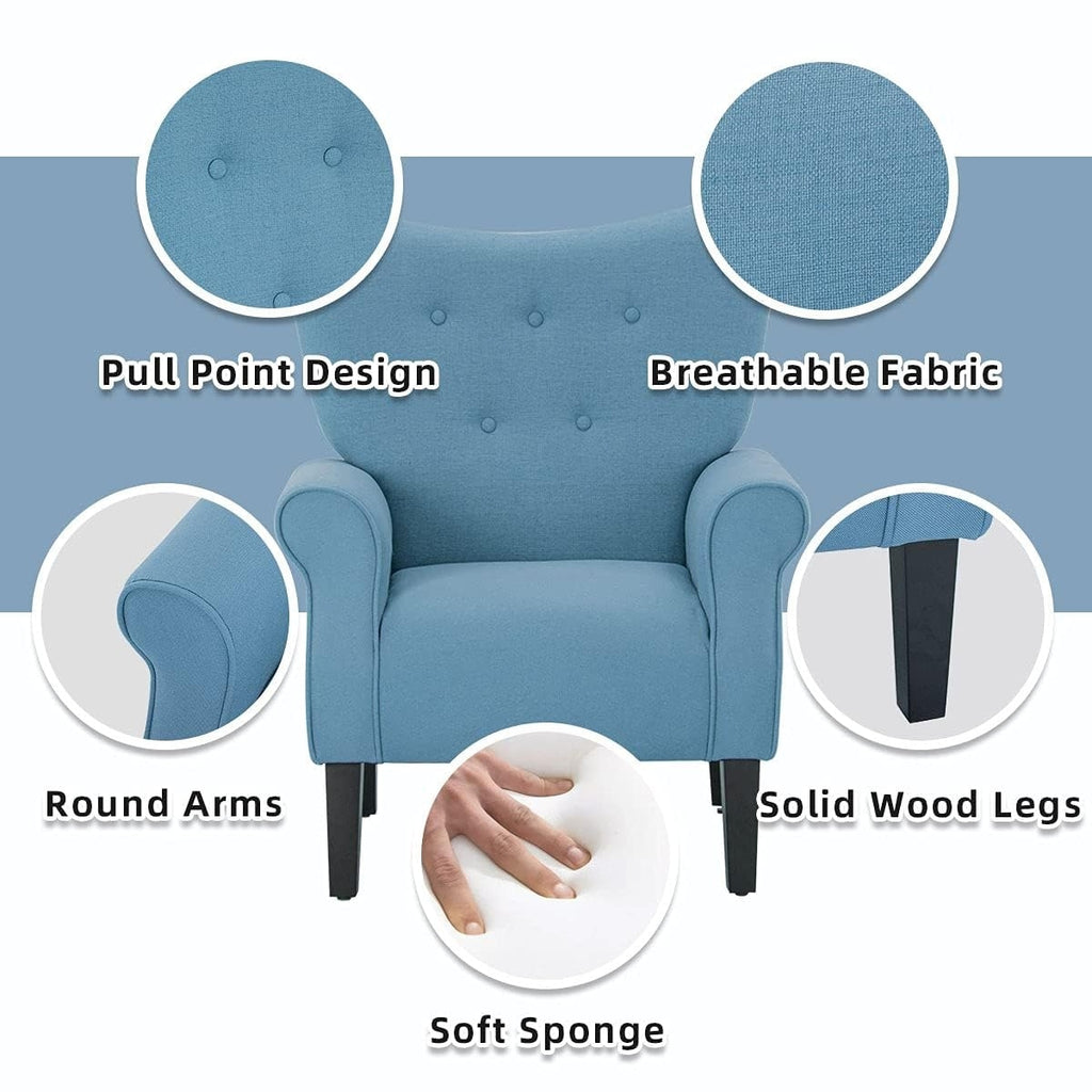 Erommy Moderner Akzentstuhl, Hochlehner-Sessel, gepolstertes Stoffsofa mit Knöpfen und Holzbeinen für das Wohnzimmer