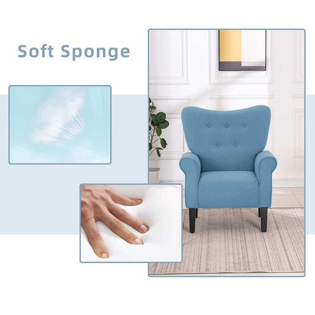 Erommy Moderner Akzentstuhl, Hochlehner-Sessel, gepolstertes Stoffsofa mit Knöpfen und Holzbeinen für das Wohnzimmer