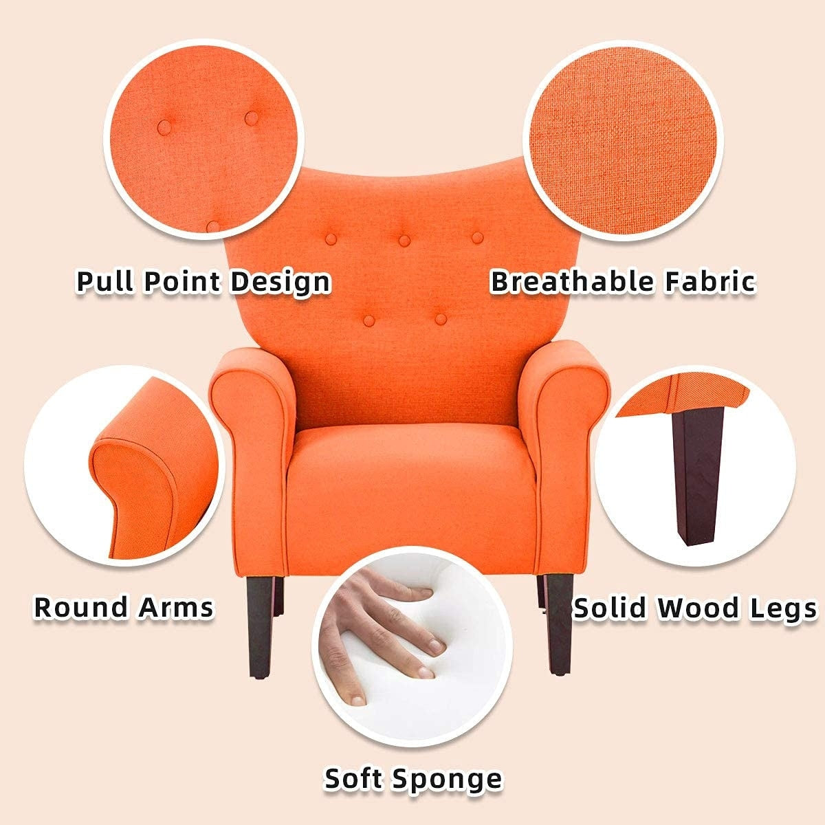 Erommy Moderner Akzentstuhl, Hochlehner-Sessel, gepolstertes Stoffsofa mit Knöpfen und Holzbeinen für das Wohnzimmer