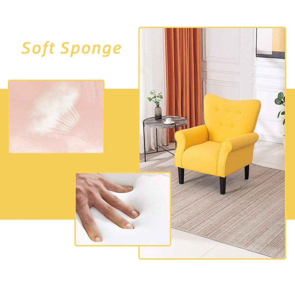 Erommy Moderner Akzentstuhl, Hochlehner-Sessel, gepolstertes Stoffsofa mit Knöpfen und Holzbeinen für das Wohnzimmer