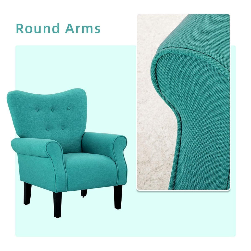 Erommy Moderner Akzentstuhl, Hochlehner-Sessel, gepolstertes Stoffsofa mit Knöpfen und Holzbeinen für das Wohnzimmer