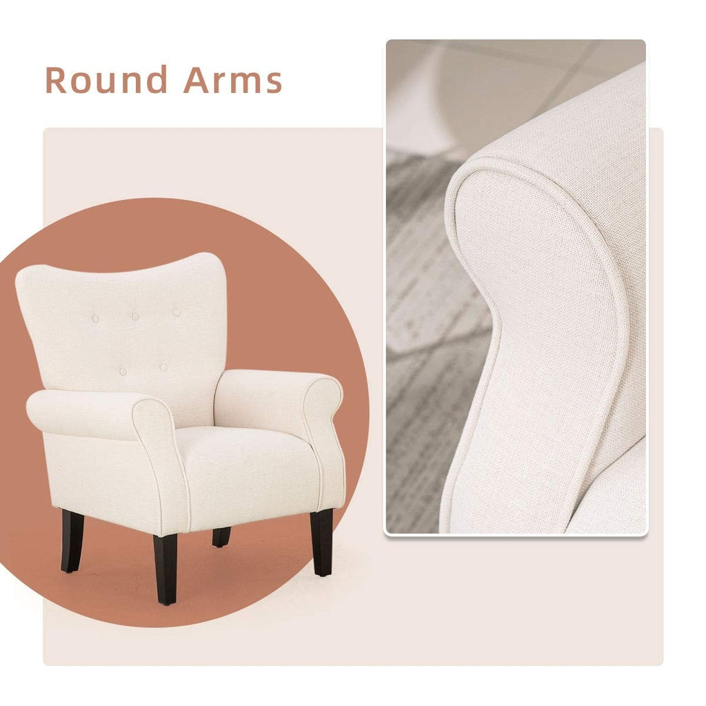 Erommy Moderner Akzentstuhl, Hochlehner-Sessel, gepolstertes Stoffsofa mit Knöpfen und Holzbeinen für das Wohnzimmer