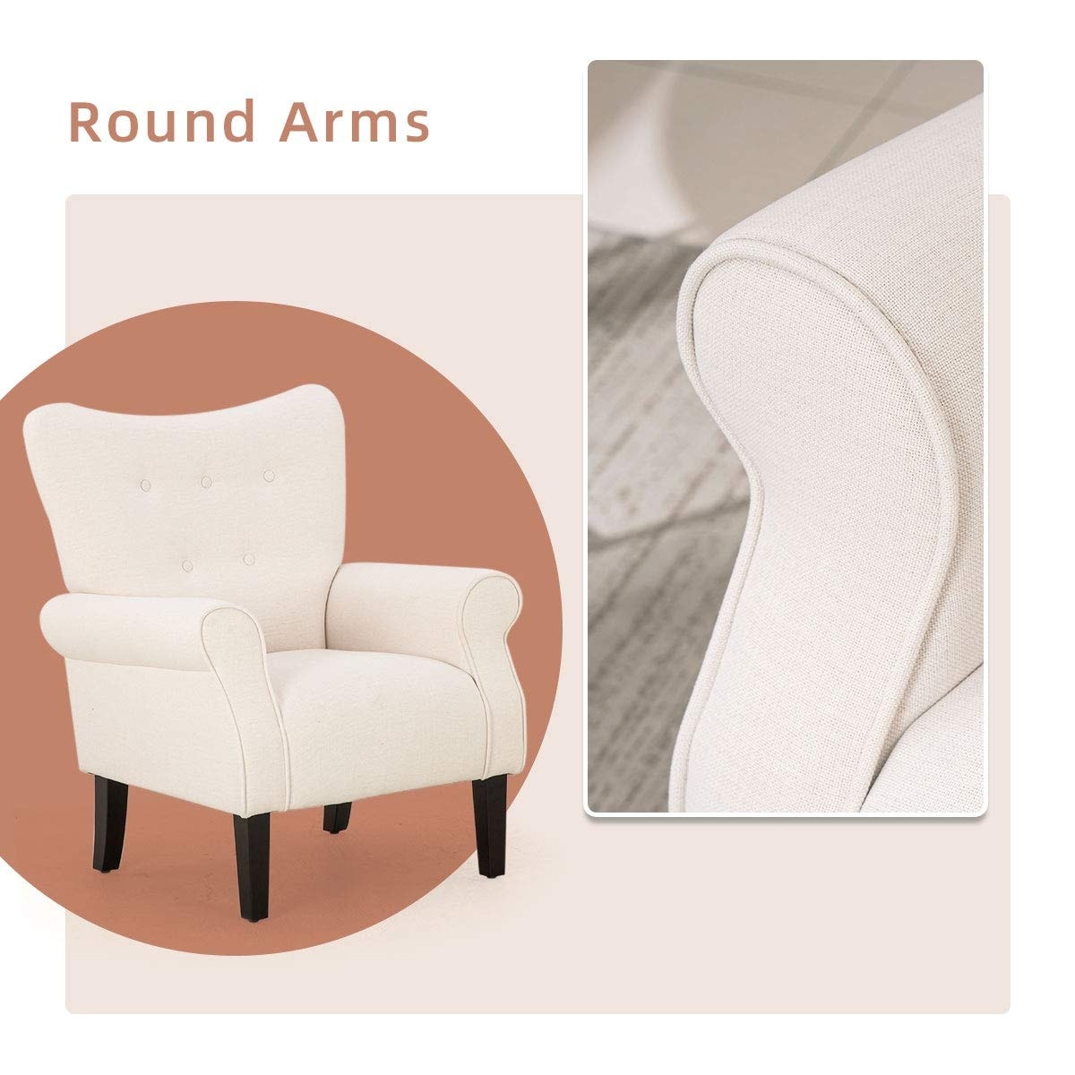 Erommy Moderner Akzentstuhl, Hochlehner-Sessel, gepolstertes Stoffsofa mit Knöpfen und Holzbeinen für das Wohnzimmer