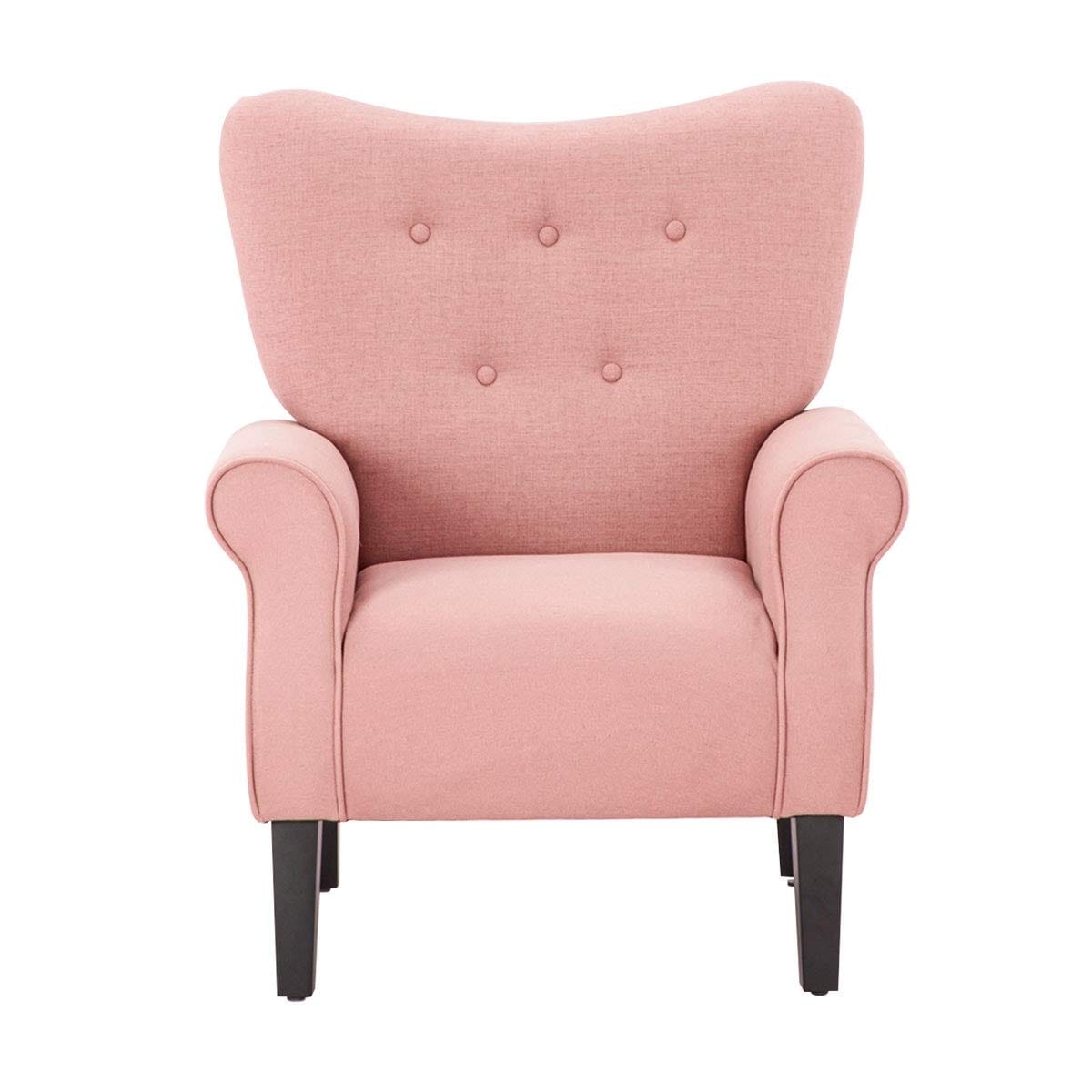 Erommy Moderner Akzentstuhl, Hochlehner-Sessel, gepolstertes Stoffsofa mit Knöpfen und Holzbeinen für das Wohnzimmer