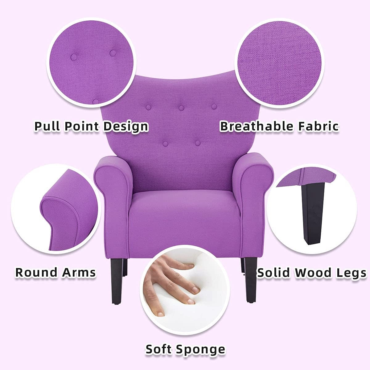 Erommy Moderner Akzentstuhl, Hochlehner-Sessel, gepolstertes Stoffsofa mit Knöpfen und Holzbeinen für das Wohnzimmer