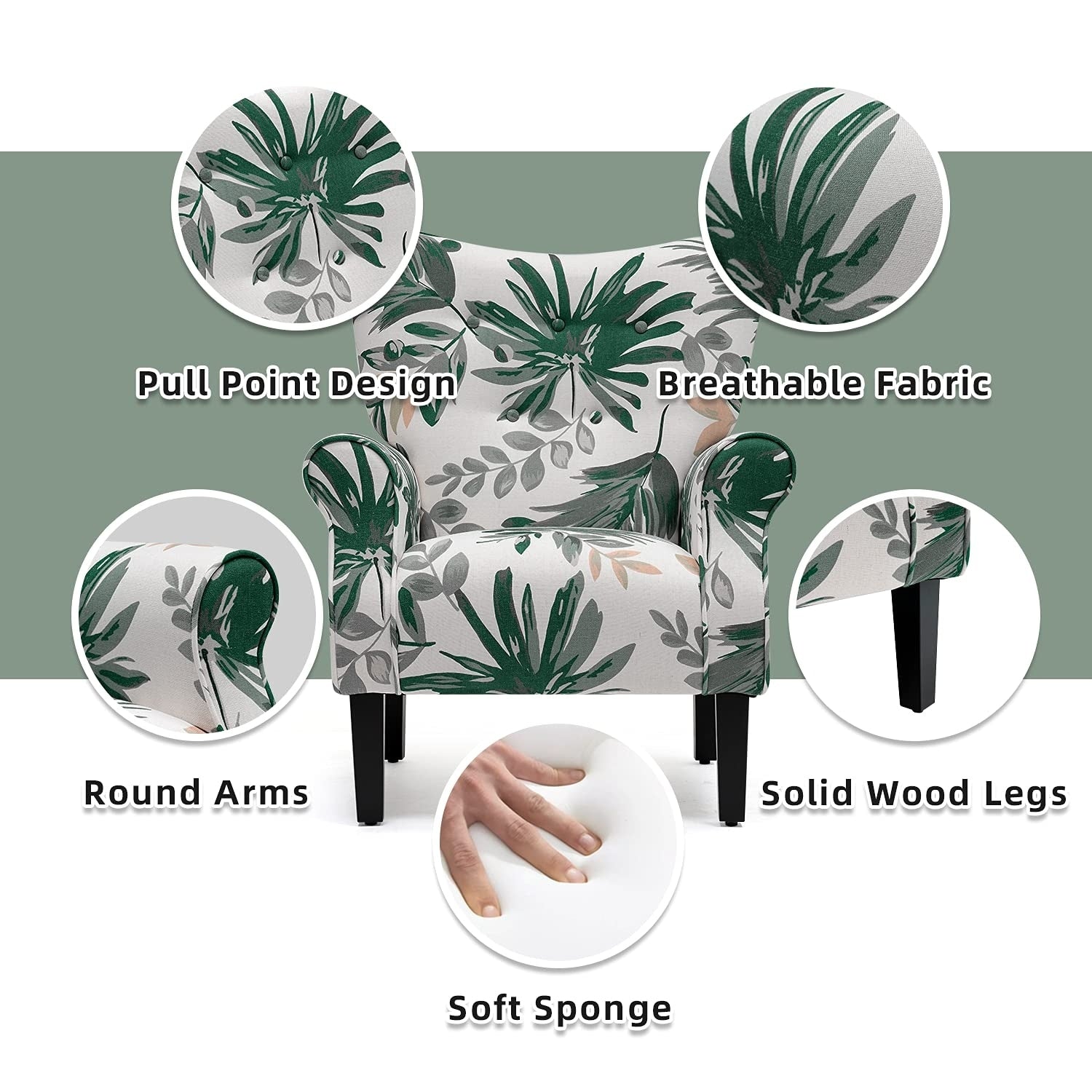 Erommy Moderner Akzentstuhl, Hochlehner-Sessel, gepolstertes Stoffsofa mit Knöpfen und Holzbeinen für das Wohnzimmer