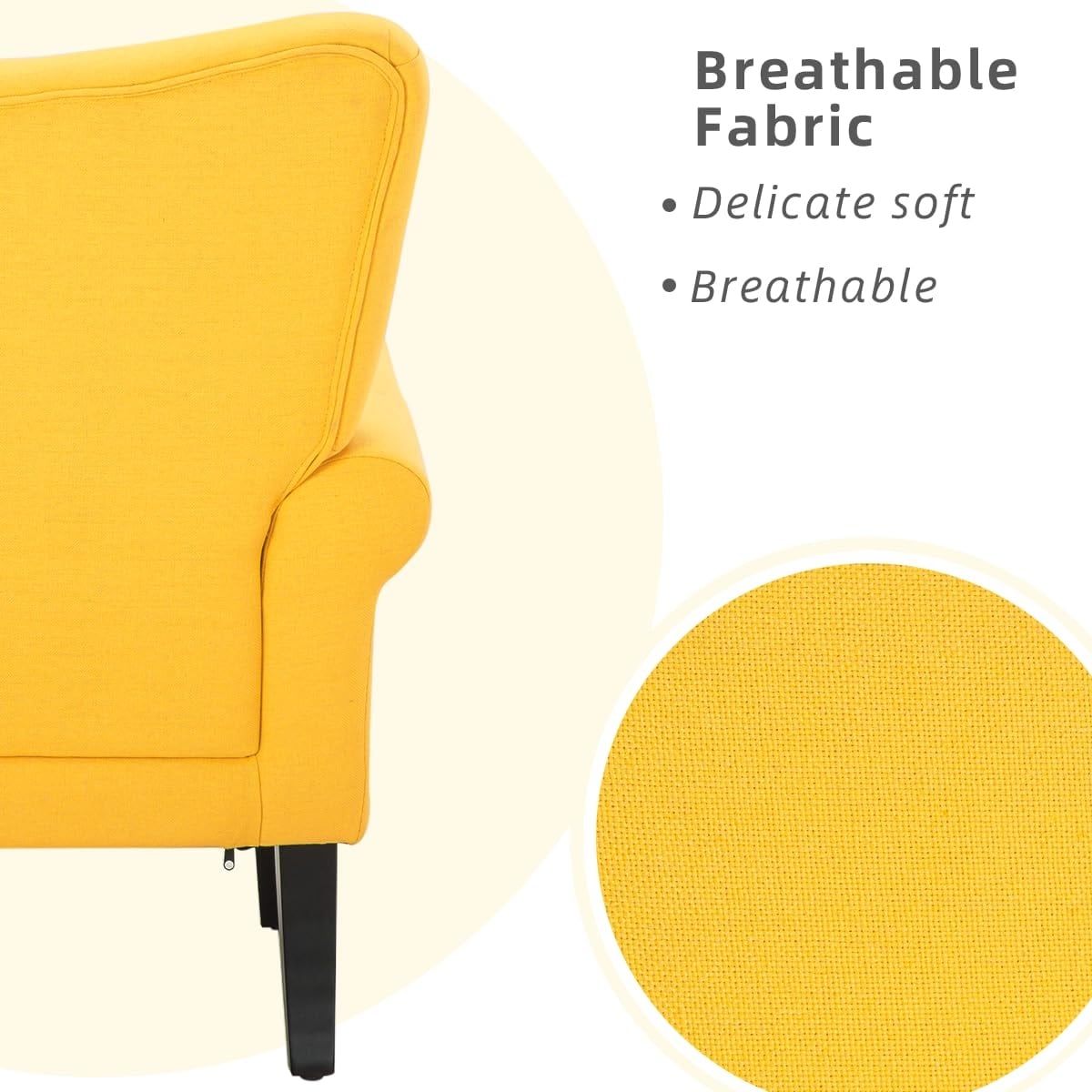 Erommy Moderner Akzentstuhl, Hochlehner-Sessel, gepolstertes Stoffsofa mit Knöpfen und Holzbeinen für das Wohnzimmer