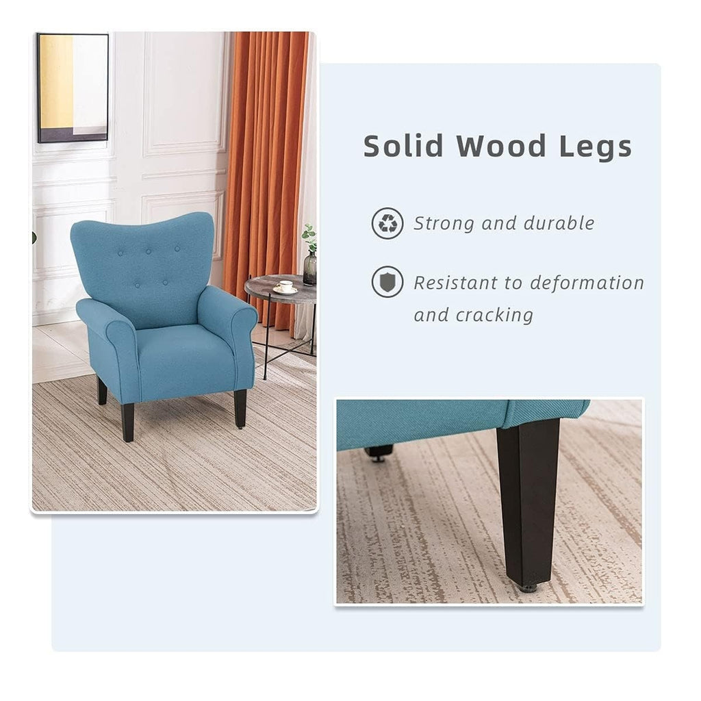 Erommy Moderner Akzentstuhl, Hochlehner-Sessel, gepolstertes Stoffsofa mit Knöpfen und Holzbeinen für das Wohnzimmer