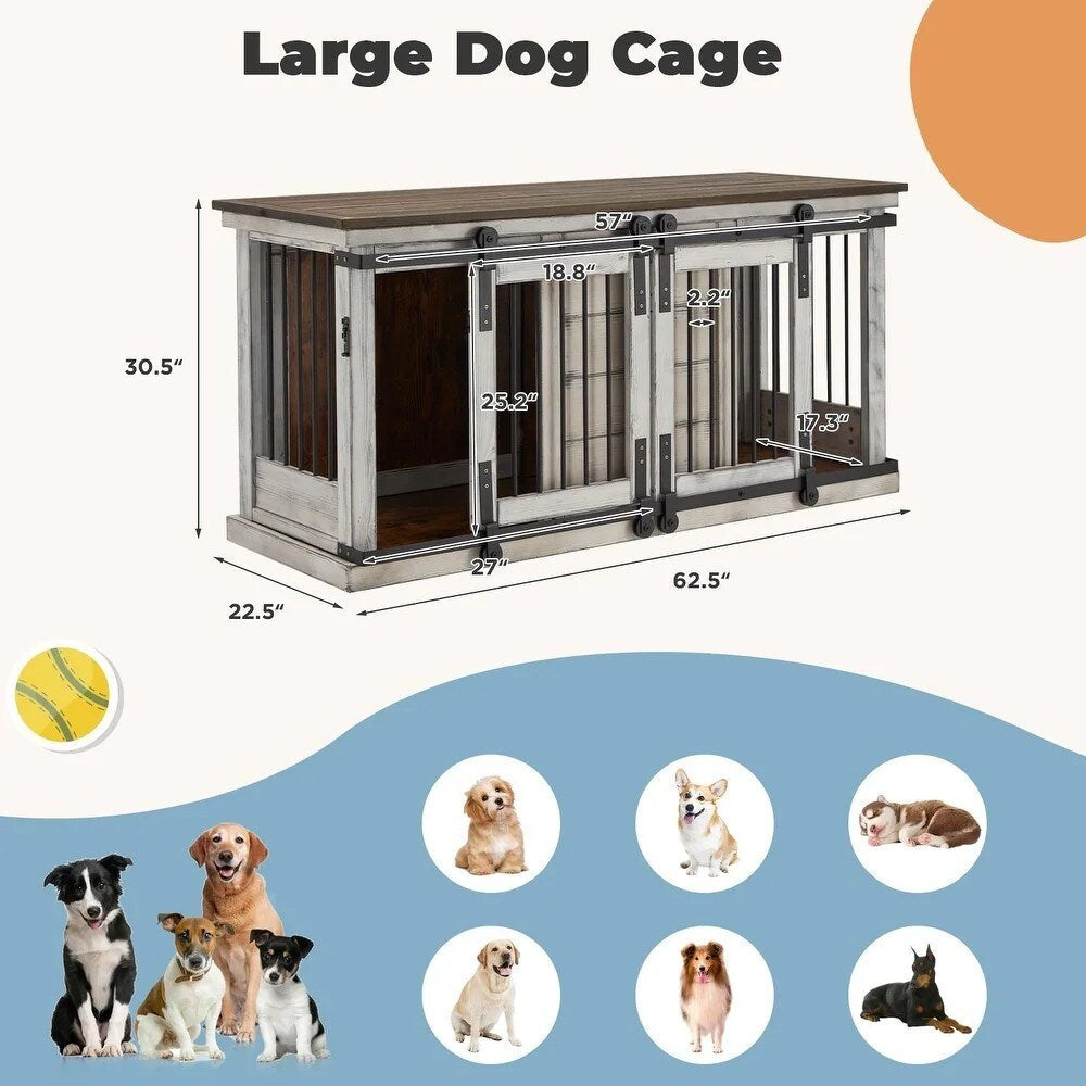 EROMMY Hundebox aus Massivholz, Indoor-Hundehütte mit Schiebetür und TV-Schrank, schickes Hundehaus aus Holz, stilvoller Hundekäfig