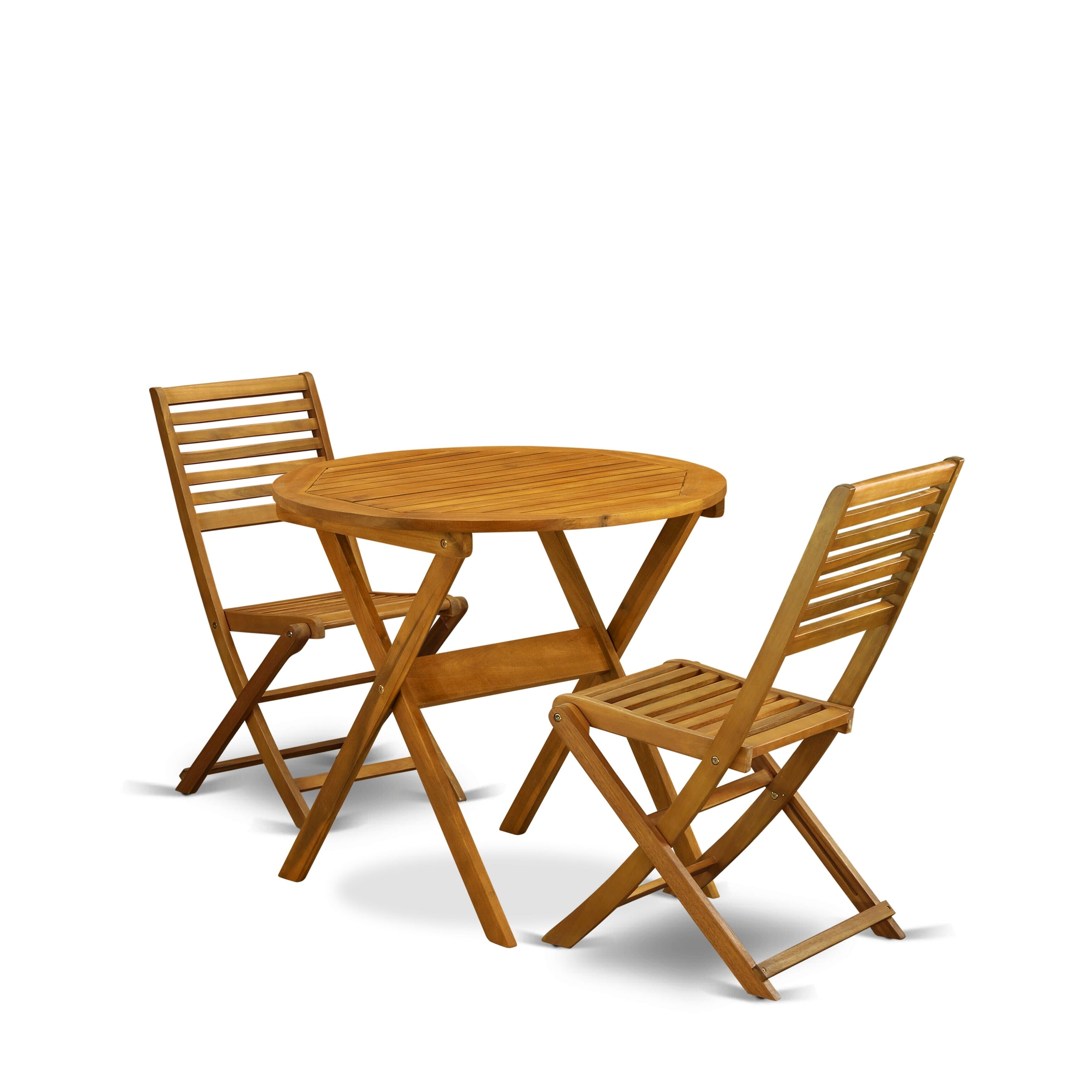 Das East West Furniture Outdoor-Bistro-Set besteht aus einem runden Couchtisch aus Holz und 2 Klappstühlen, naturgeölt.