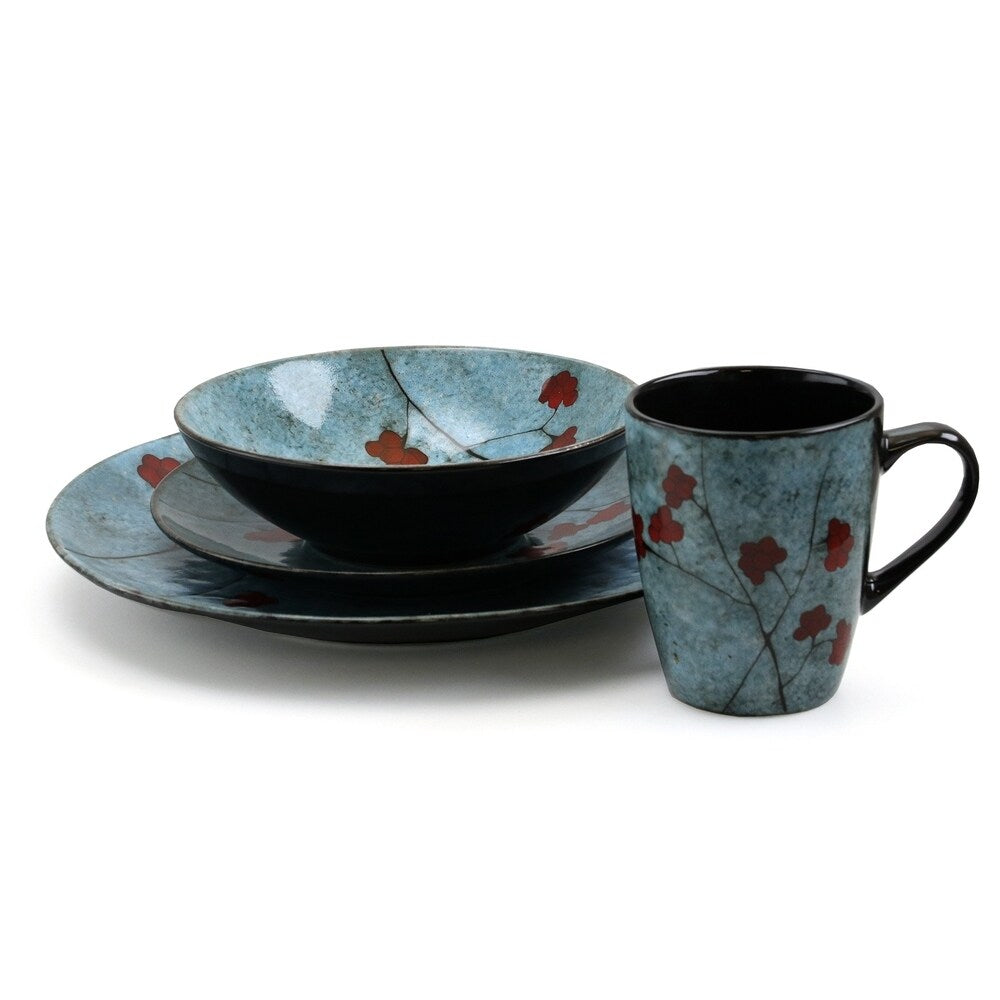 Elama Geschirrset „Floral Accents“, 16-teilig, aus Steingut, blau