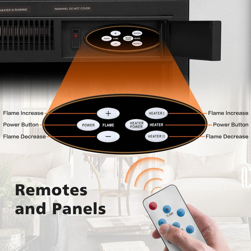 Elektrischer Kamin mit Holzverkleidung, Feuerraum, Fernbedienung