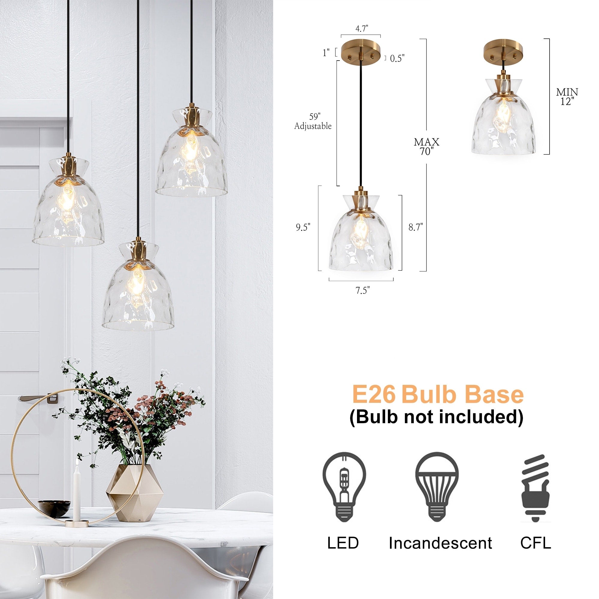 Elisie Pendelleuchte im Mid-Century-Modern-Stil, 1-flammig, Wasserfallform, gehämmertes Glas, Kuppel, Kücheninselbeleuchtung, Esszimmer