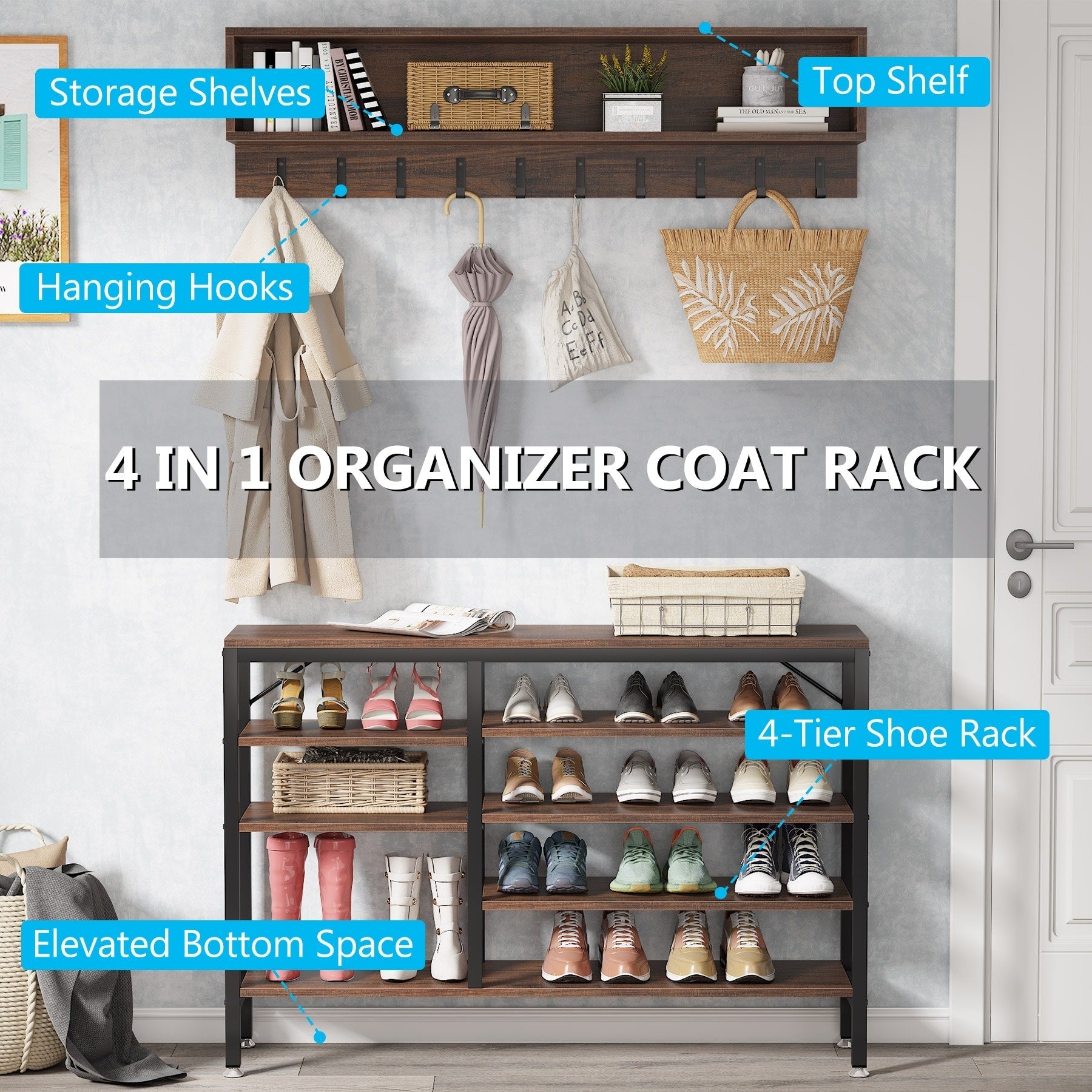 Garderobenständer-Schuhbank-Set für den Eingangsbereich, industrieller Garderobenständer