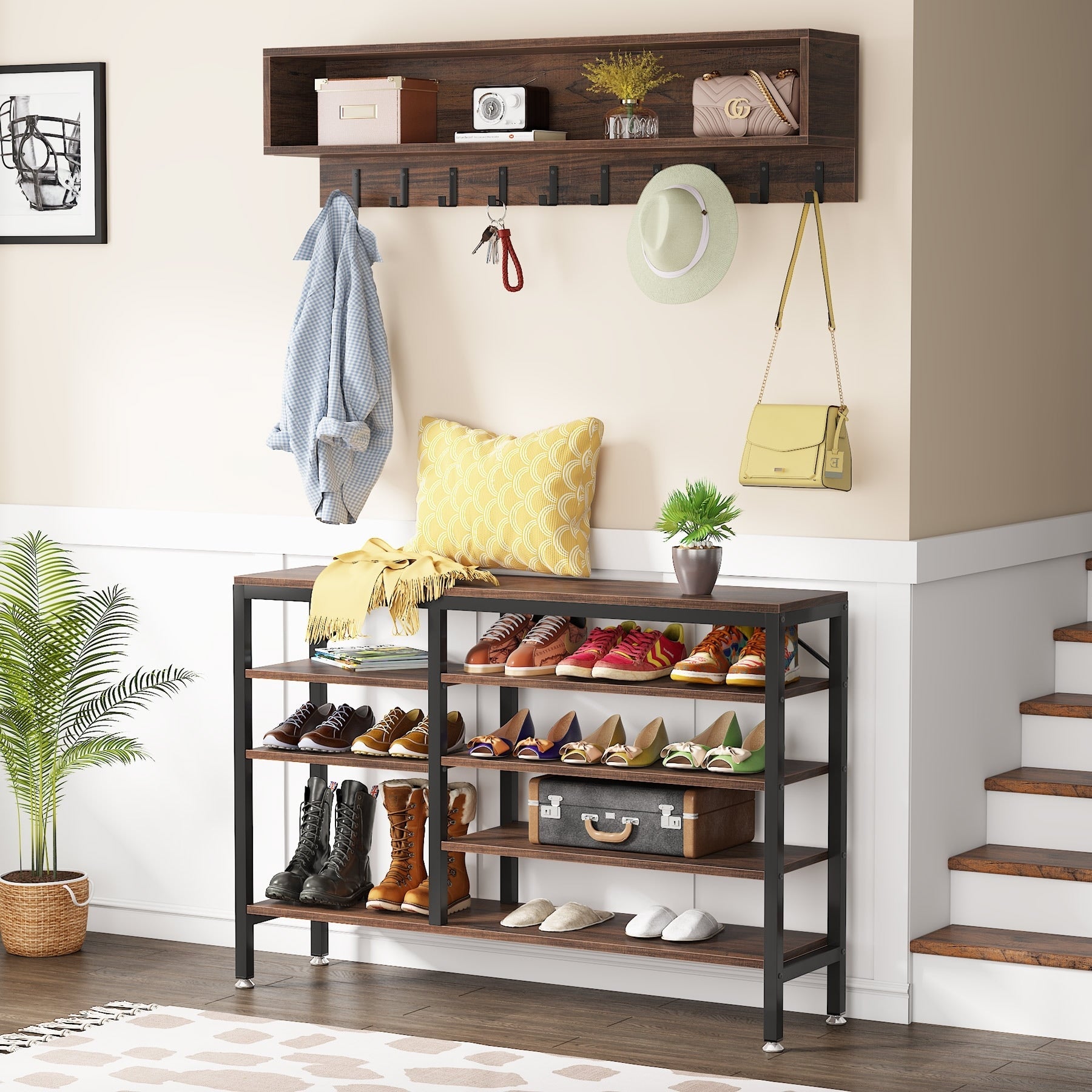Garderobenständer-Schuhbank-Set für den Eingangsbereich, industrieller Garderobenständer