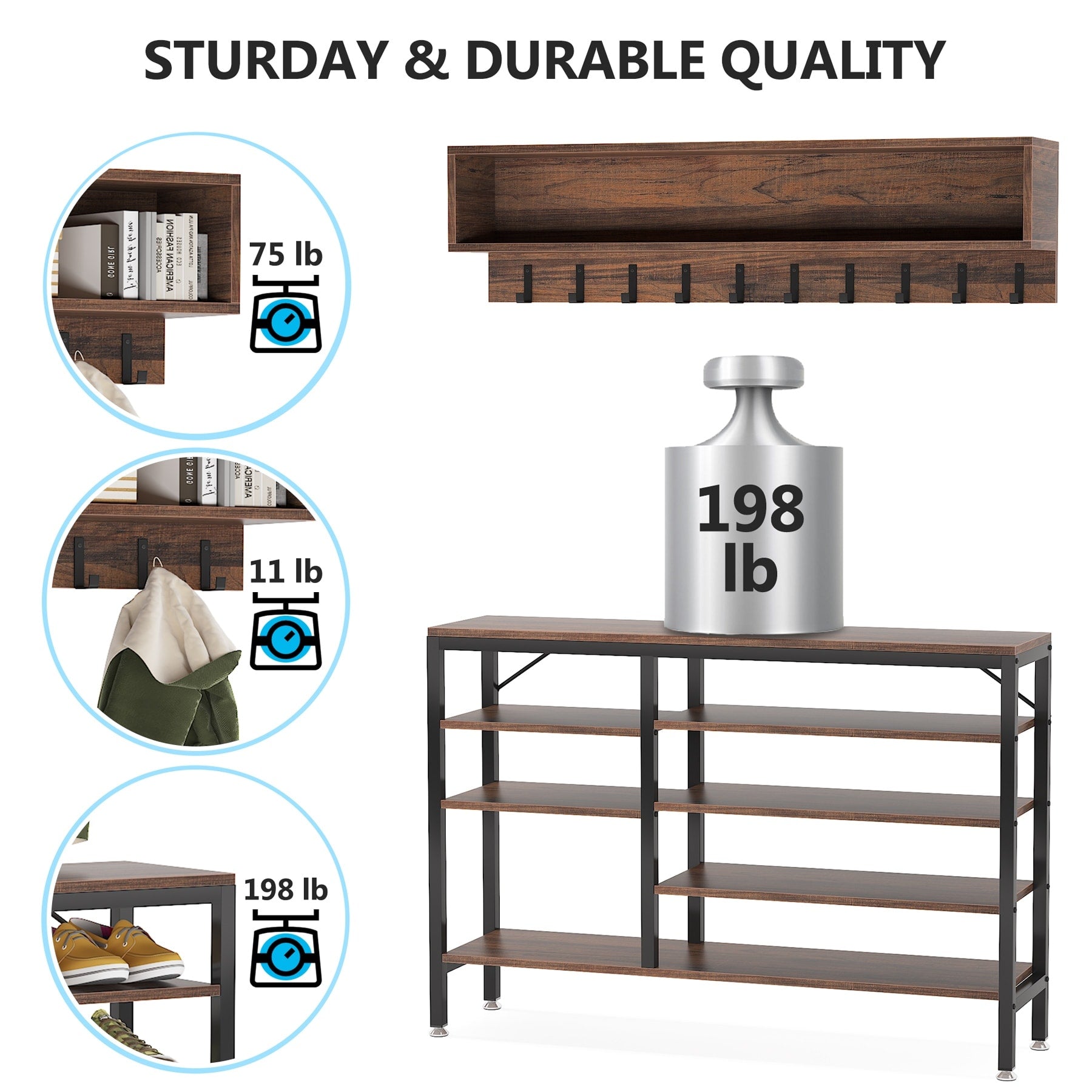 Garderobenständer-Schuhbank-Set für den Eingangsbereich, industrieller Garderobenständer