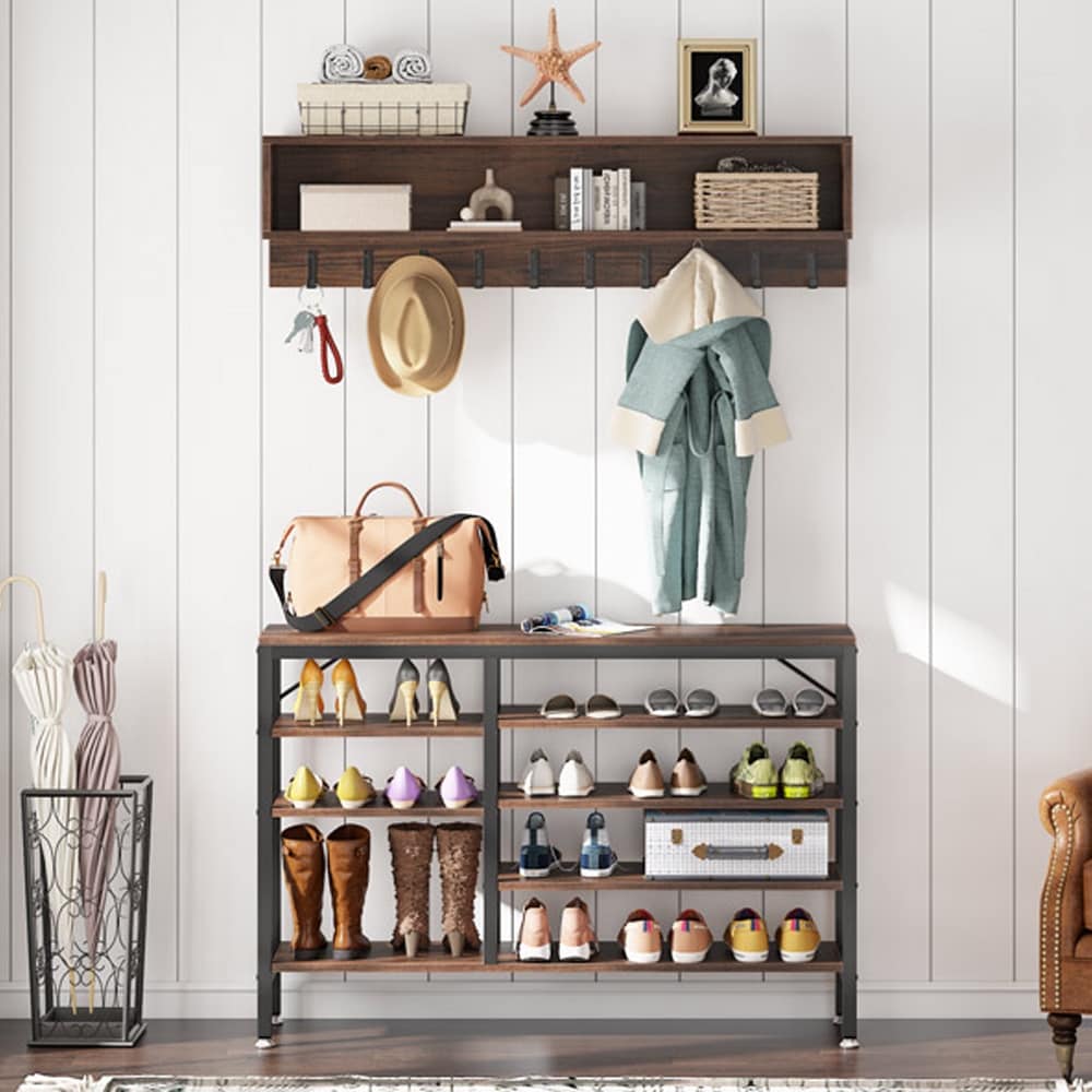 Garderobenständer-Schuhbank-Set für den Eingangsbereich, industrieller Garderobenständer