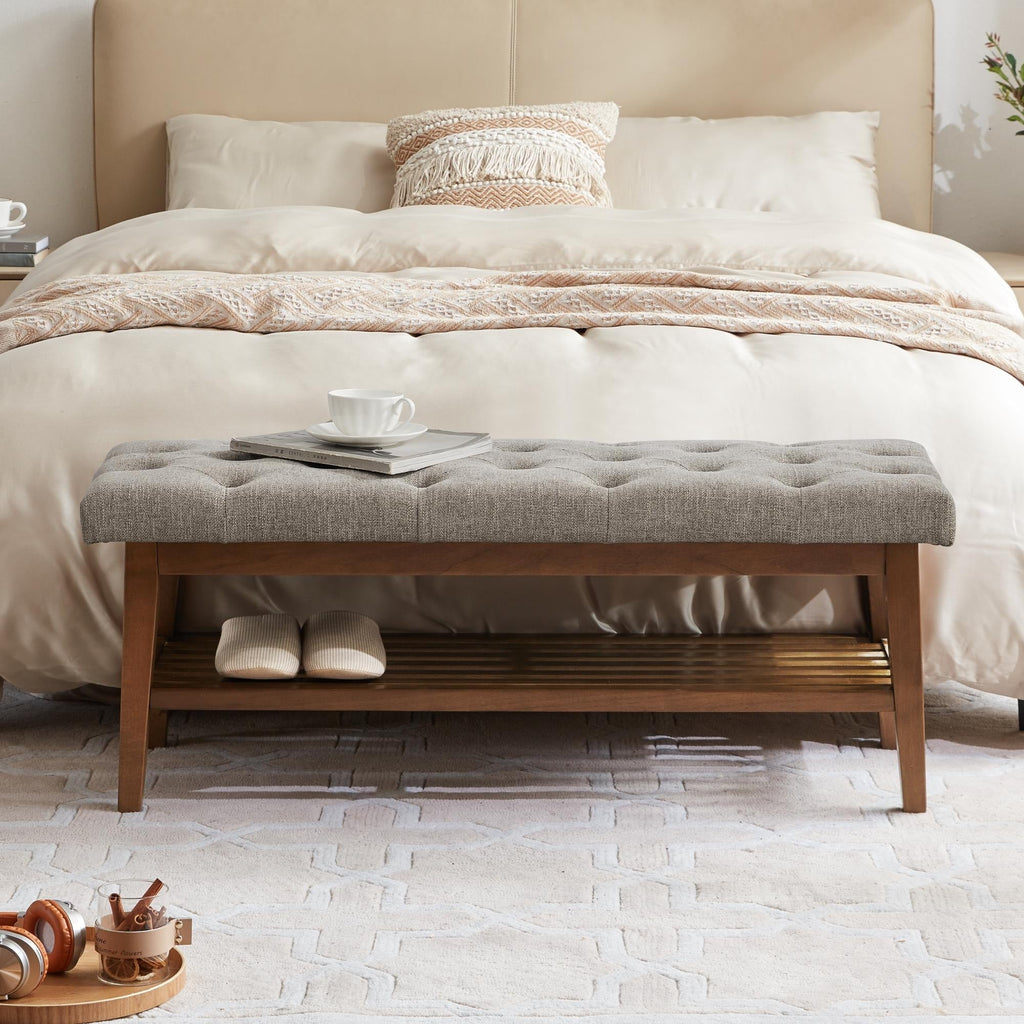 Schuhbank mit Stauraum, Stoffbezug, Massivholz, 43 Zoll (ca. 109 cm) lange, gepolsterte Bank für Wohnzimmer und Schlafzimmer