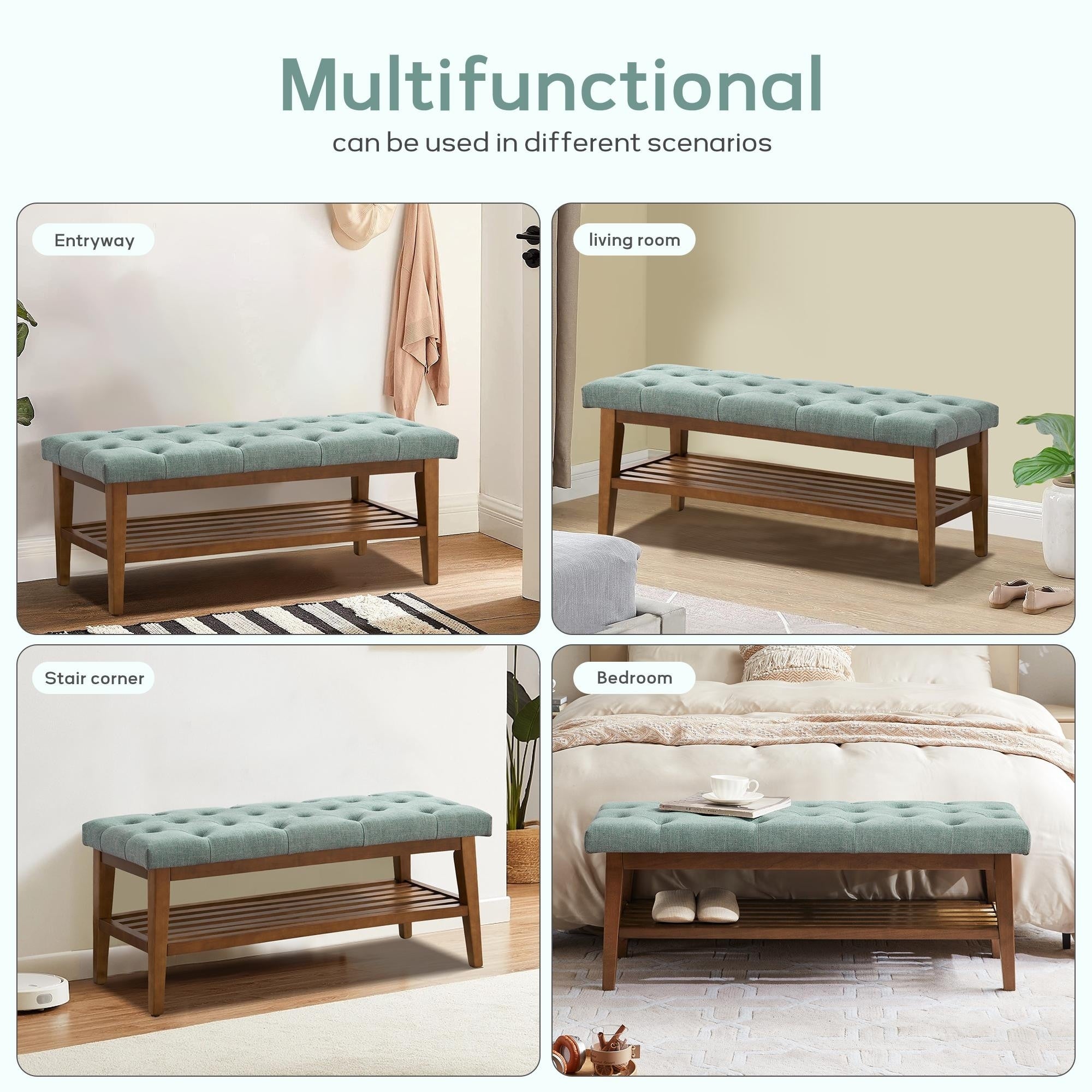 Schuhbank mit Stauraum, Stoffbezug, Massivholz, 43 Zoll (ca. 109 cm) lange, gepolsterte Bank für Wohnzimmer und Schlafzimmer