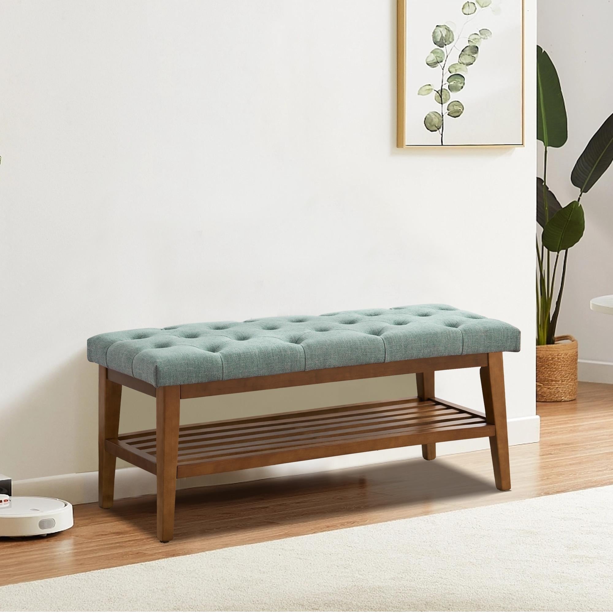Schuhbank mit Stauraum, Stoffbezug, Massivholz, 43 Zoll (ca. 109 cm) lange, gepolsterte Bank für Wohnzimmer und Schlafzimmer