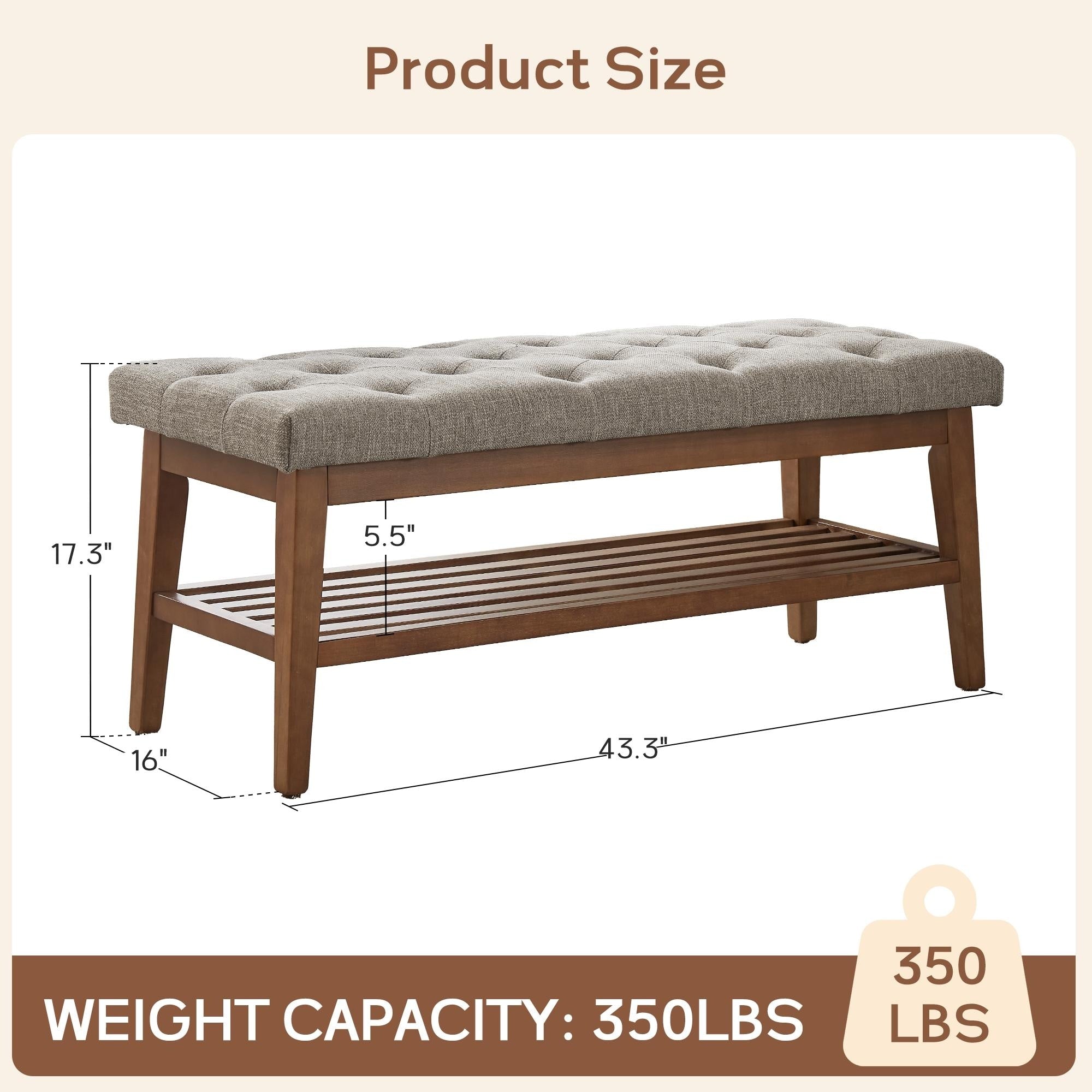 Schuhbank mit Stauraum, Stoffbezug, Massivholz, 43 Zoll (ca. 109 cm) lange, gepolsterte Bank für Wohnzimmer und Schlafzimmer