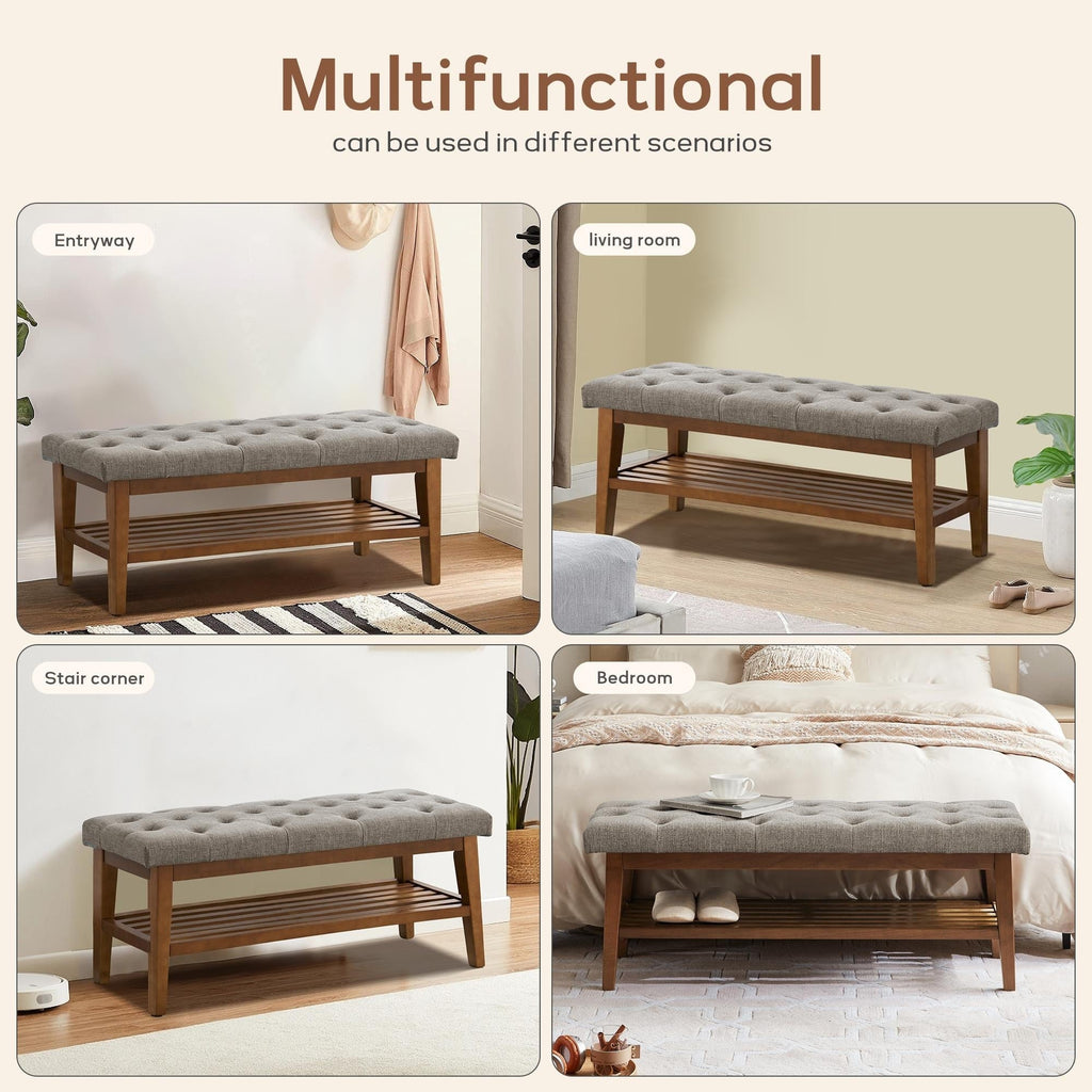 Schuhbank mit Stauraum, Stoffbezug, Massivholz, 43 Zoll (ca. 109 cm) lange, gepolsterte Bank für Wohnzimmer und Schlafzimmer
