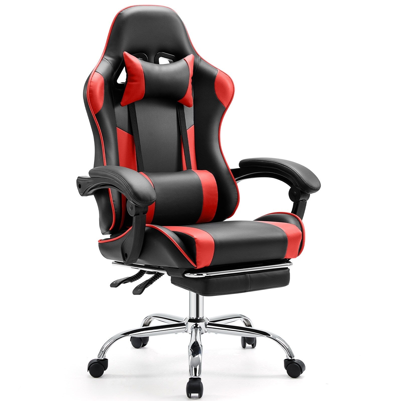 Ergonomischer Gaming-Sessel aus PU-Leder mit 360°-Drehfunktion, Fußstütze, Kopfstütze, Lendenwirbelstütze und verstellbarer Höhe