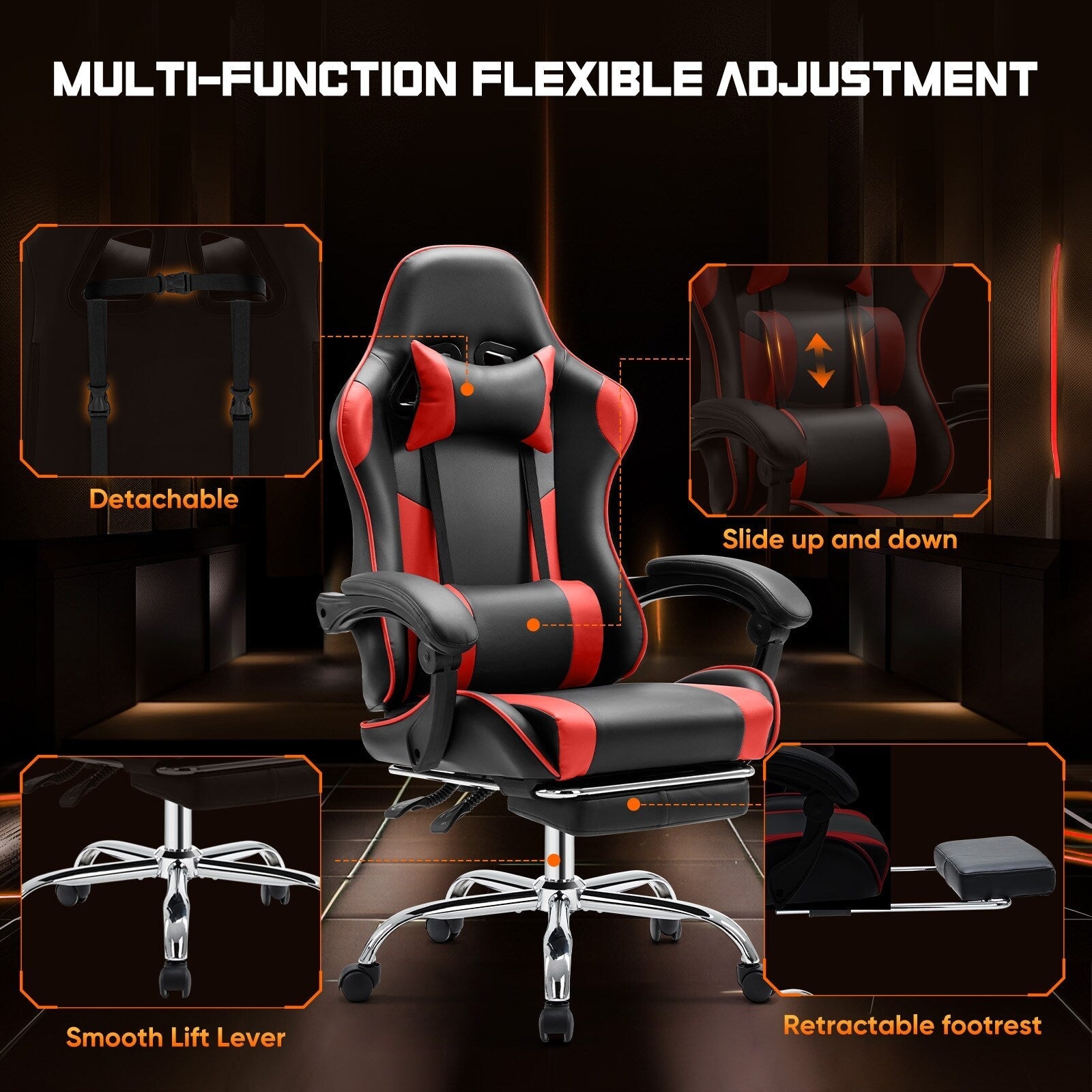 Ergonomischer Gaming-Sessel aus PU-Leder mit 360°-Drehfunktion, Fußstütze, Kopfstütze, Lendenwirbelstütze und verstellbarer Höhe