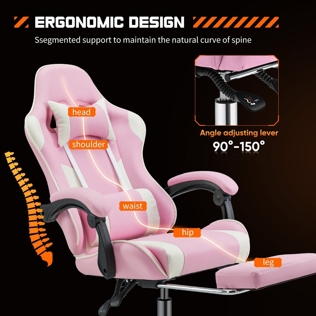 Ergonomischer Gaming-Sessel aus PU-Leder mit 360°-Drehfunktion, Fußstütze, Kopfstütze, Lendenwirbelstütze und verstellbarer Höhe