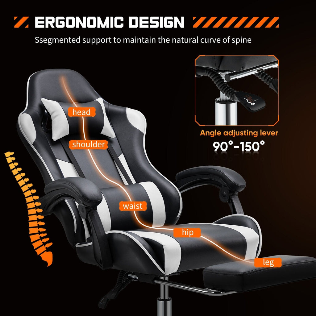 Ergonomischer Gaming-Sessel aus PU-Leder mit 360°-Drehfunktion, Fußstütze, Kopfstütze, Lendenwirbelstütze und verstellbarer Höhe