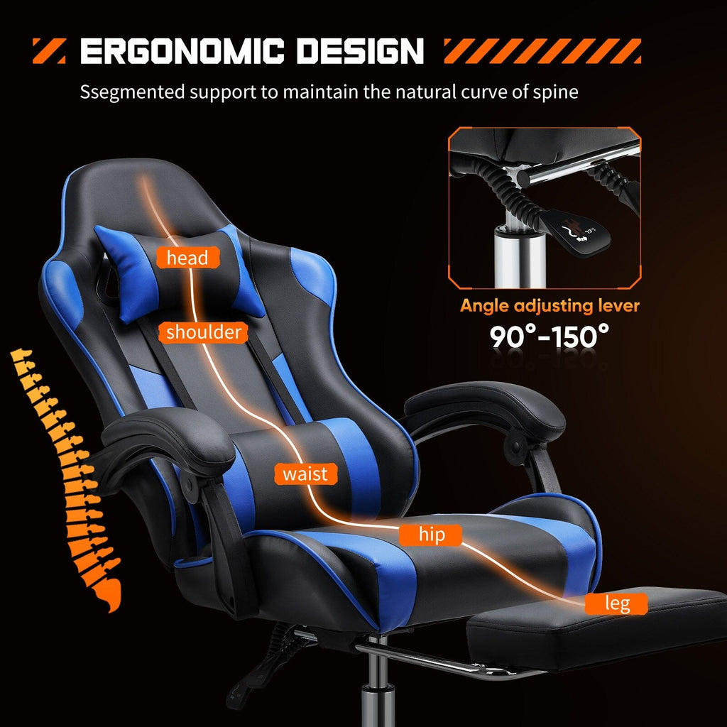 Ergonomischer Gaming-Sessel aus PU-Leder mit 360°-Drehfunktion, Fußstütze, Kopfstütze, Lendenwirbelstütze und verstellbarer Höhe