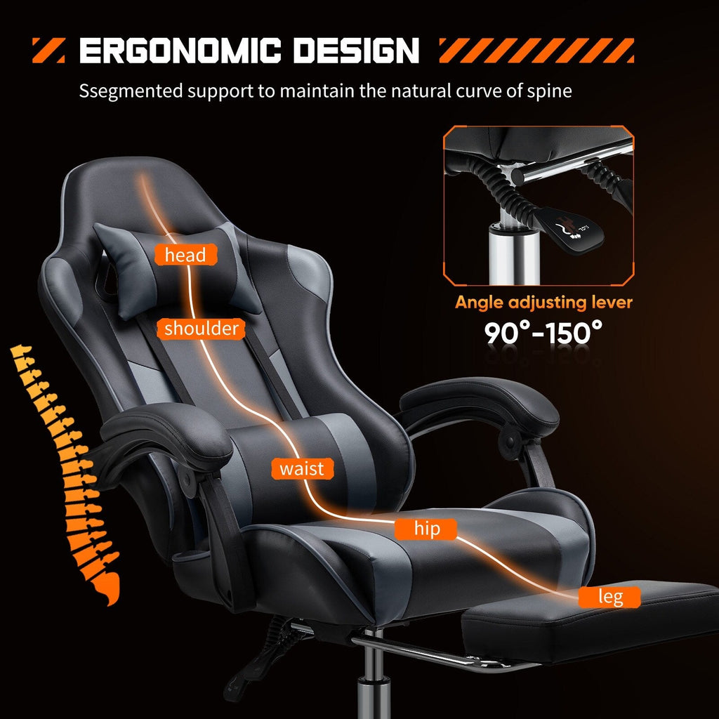 Ergonomischer Gaming-Sessel aus PU-Leder mit 360°-Drehfunktion, Fußstütze, Kopfstütze, Lendenwirbelstütze und verstellbarer Höhe