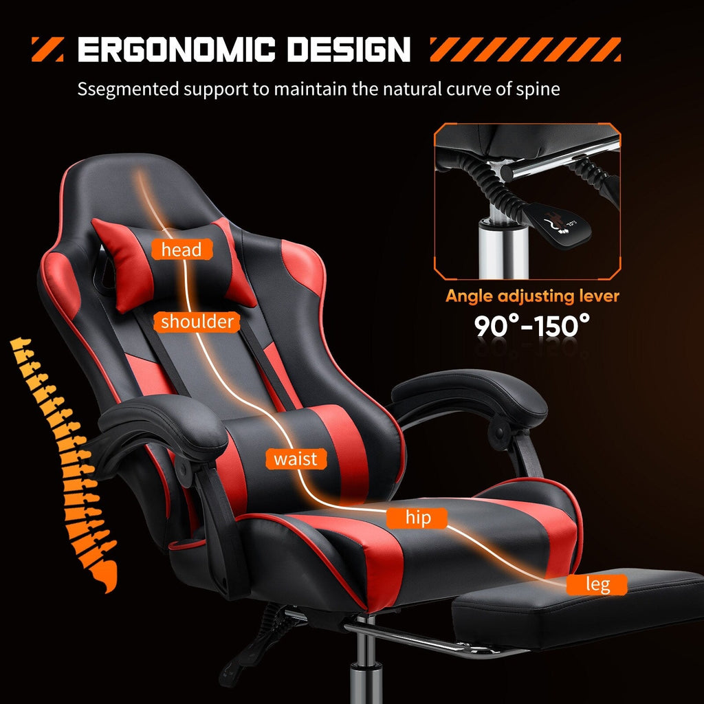 Ergonomischer Gaming-Sessel aus PU-Leder mit 360°-Drehfunktion, Fußstütze, Kopfstütze, Lendenwirbelstütze und verstellbarer Höhe